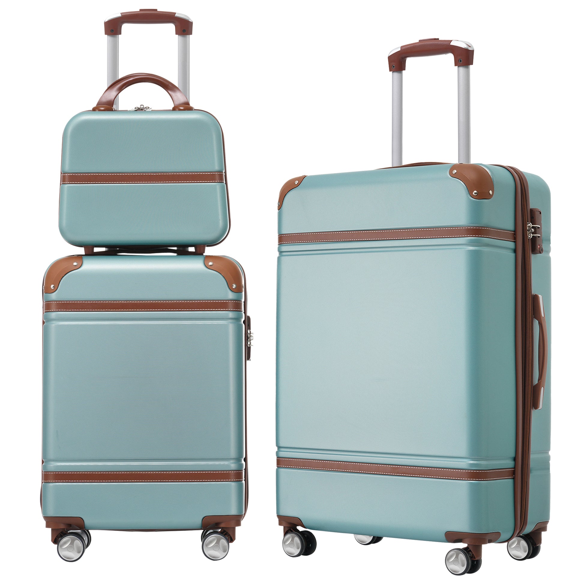 Light blue vintage style luggage set with brown trim and wheels for travel