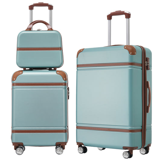 Light blue vintage style luggage set with brown trim and wheels for travel