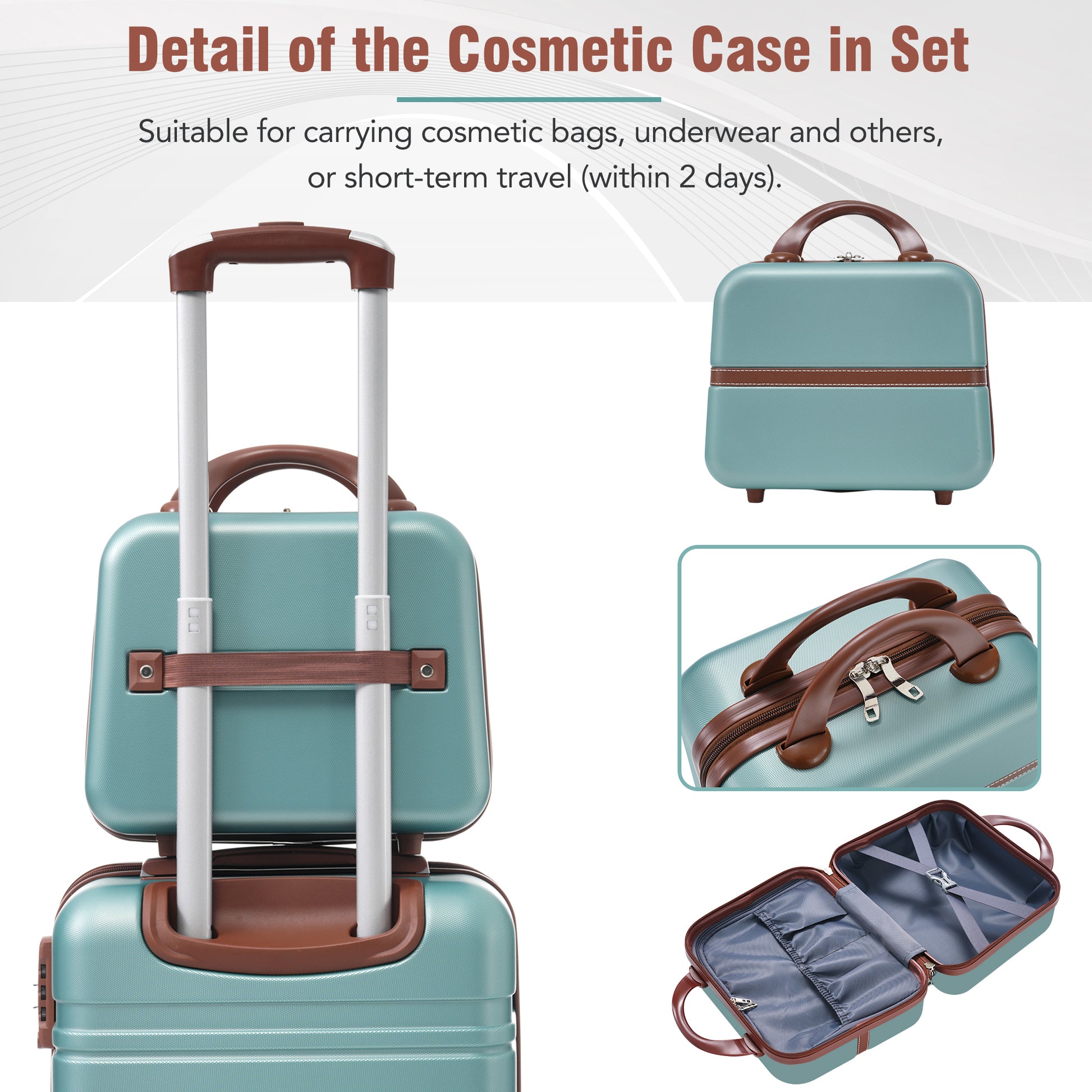 Teal hardshell cosmetic case with brown accents ideal for travel