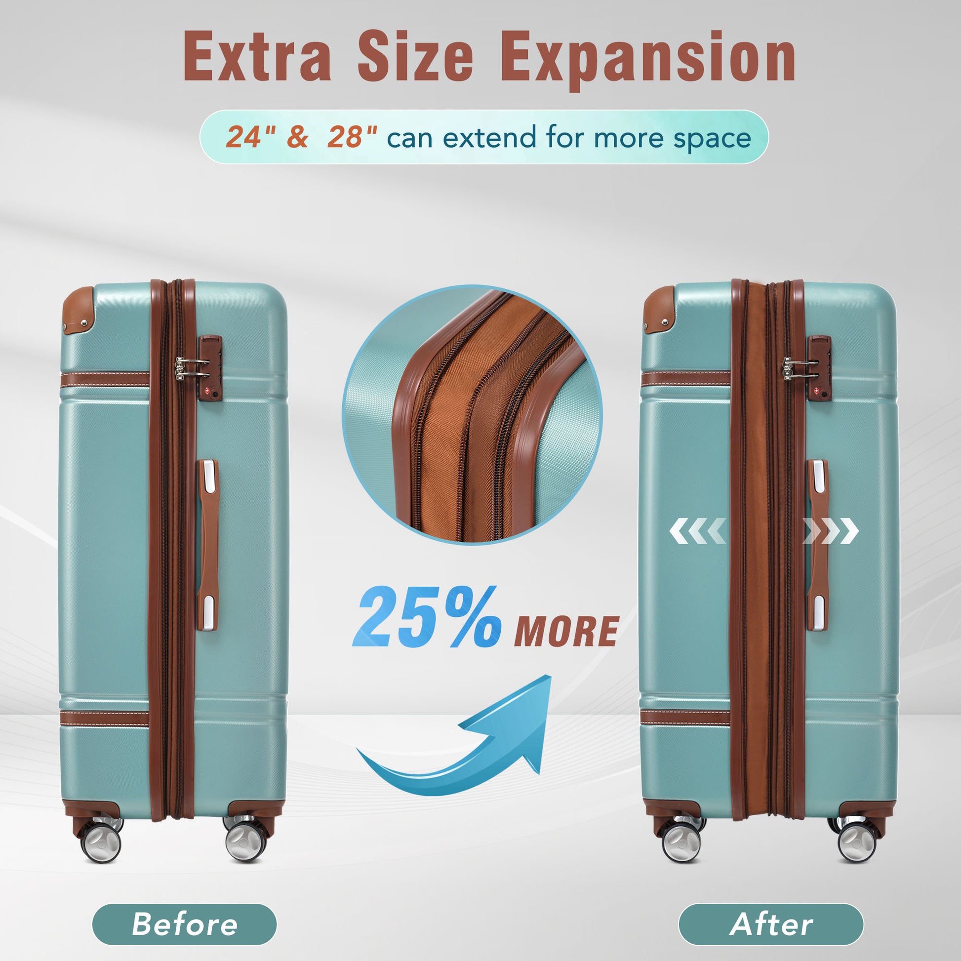 Turquoise expandable hardside suitcase with brown trim before expansion