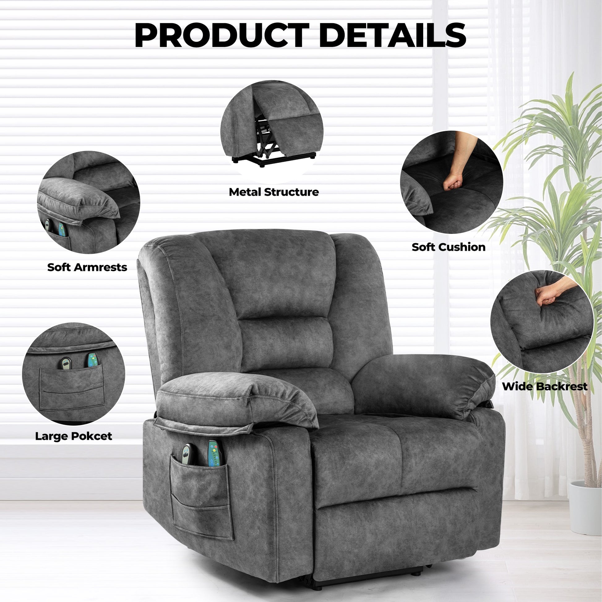 Dark gray recliner chair featuring a durable metal structure for stability
