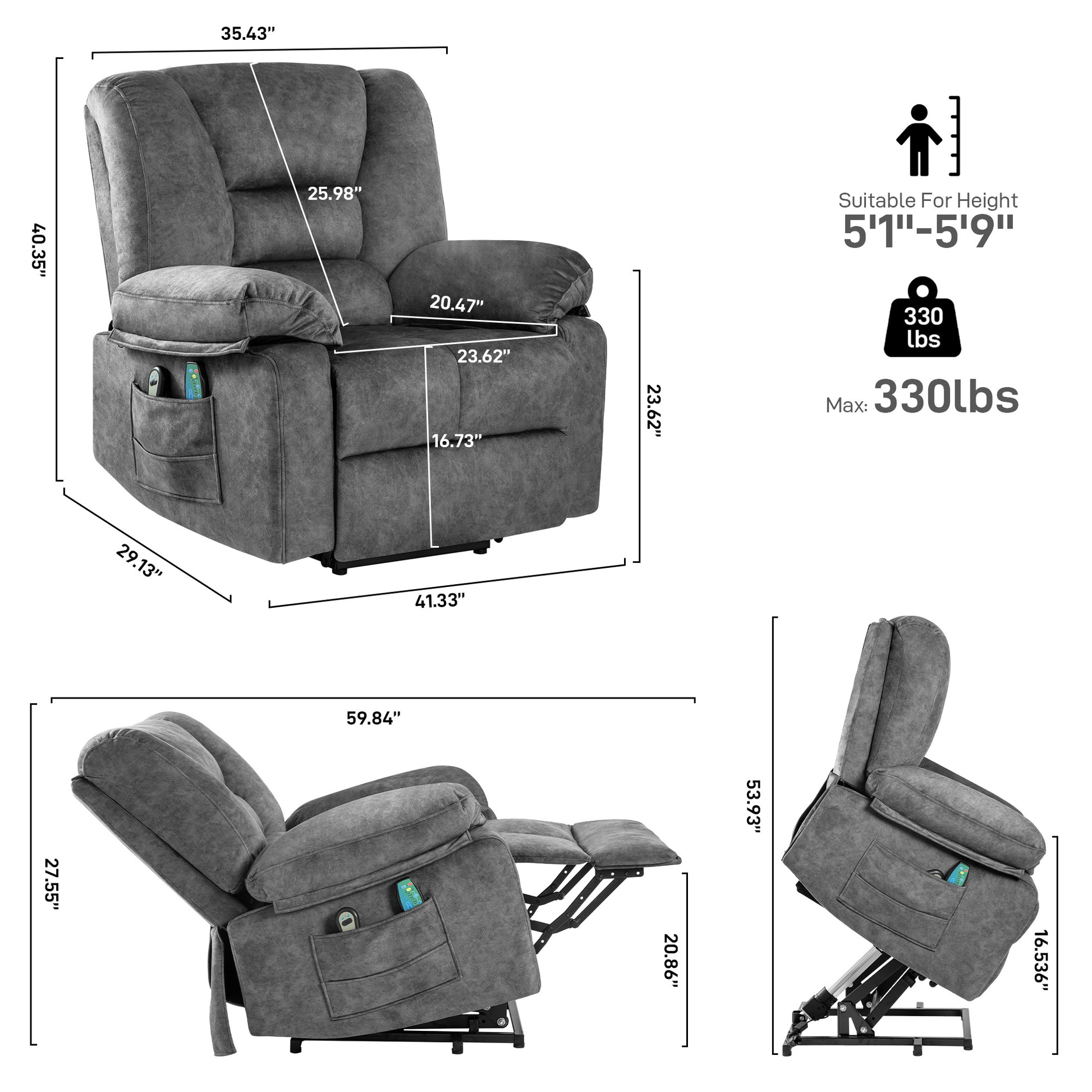 Gray power lift recliner with side pocket and remote ideal for seniors
