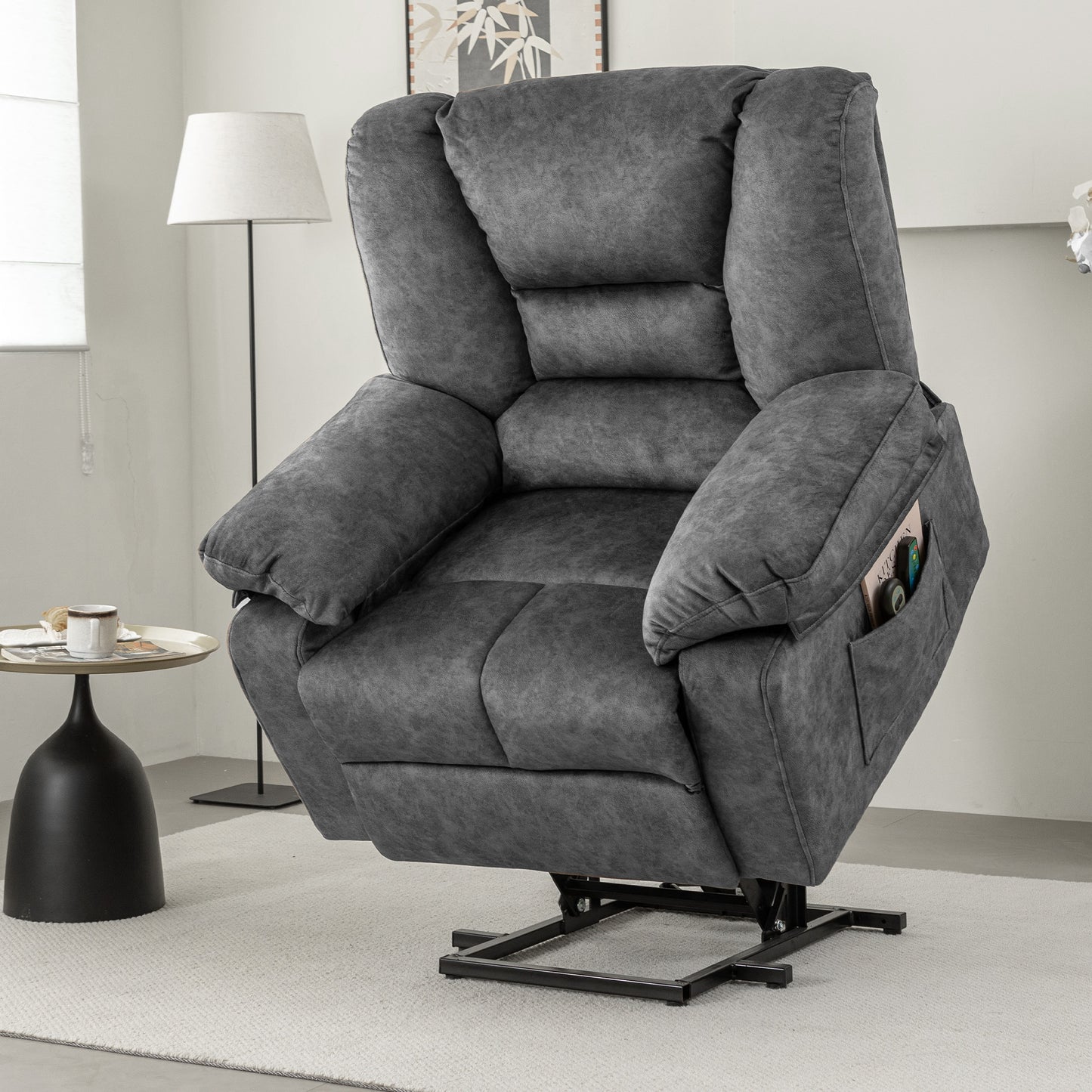 Plush gray lift chair recliner with deep cushioning and convenient side pocket for remote