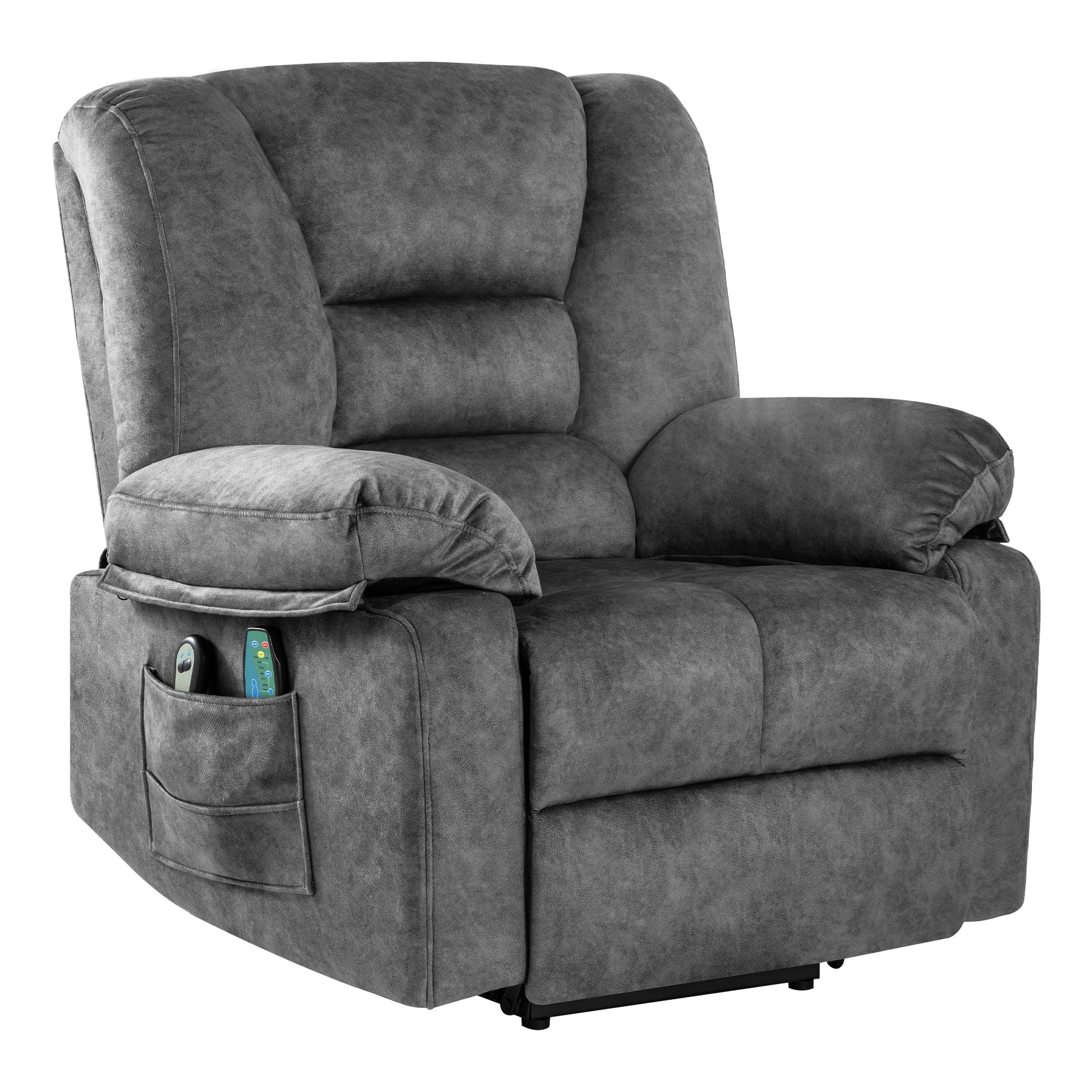 Comfortable grey fabric recliner chair with side pocket and remote controls
