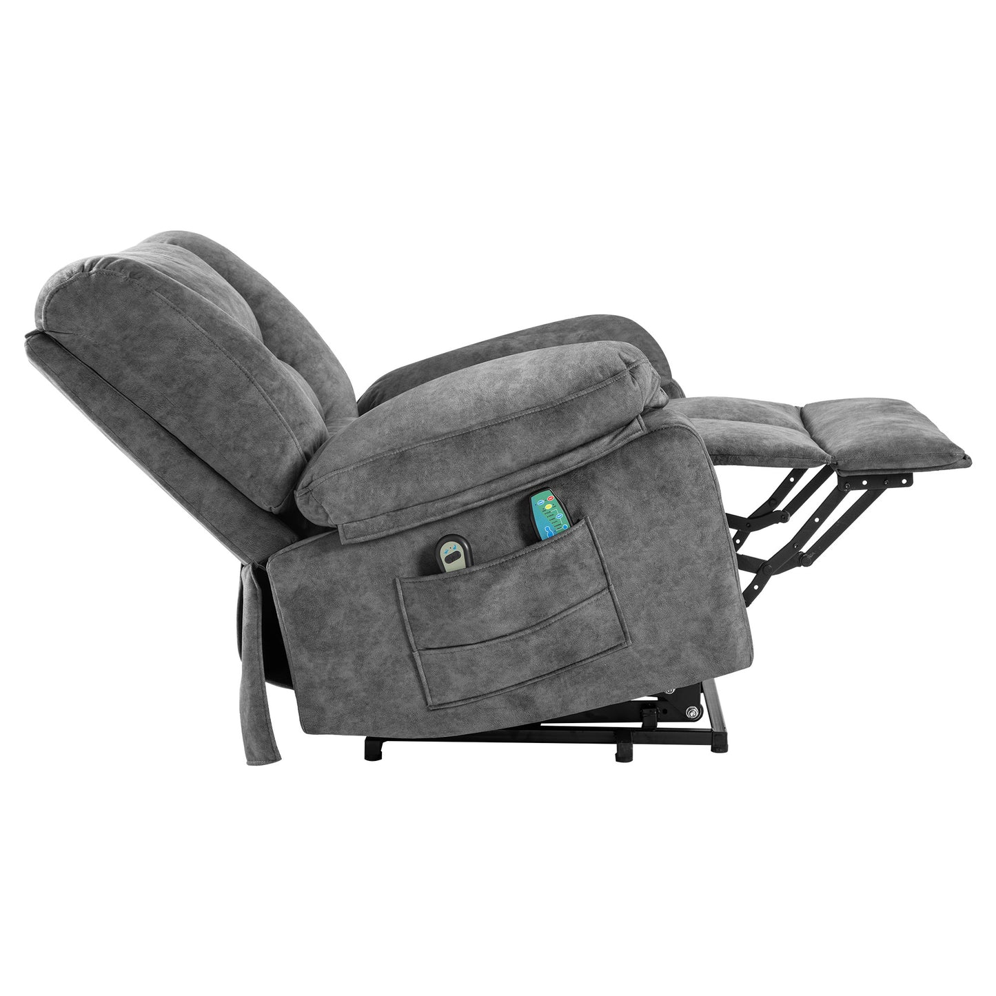 Grey fabric recliner chair with side pocket and remote control