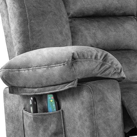 Gray recliner armrest with storage pocket holding remote controls