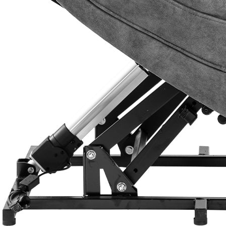 Recliner mechanism with electric lift assist showing silver cylinder and black metal frame