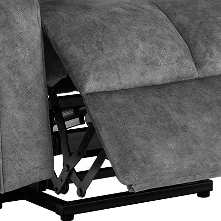 Close up of gray fabric recliner mechanism in action