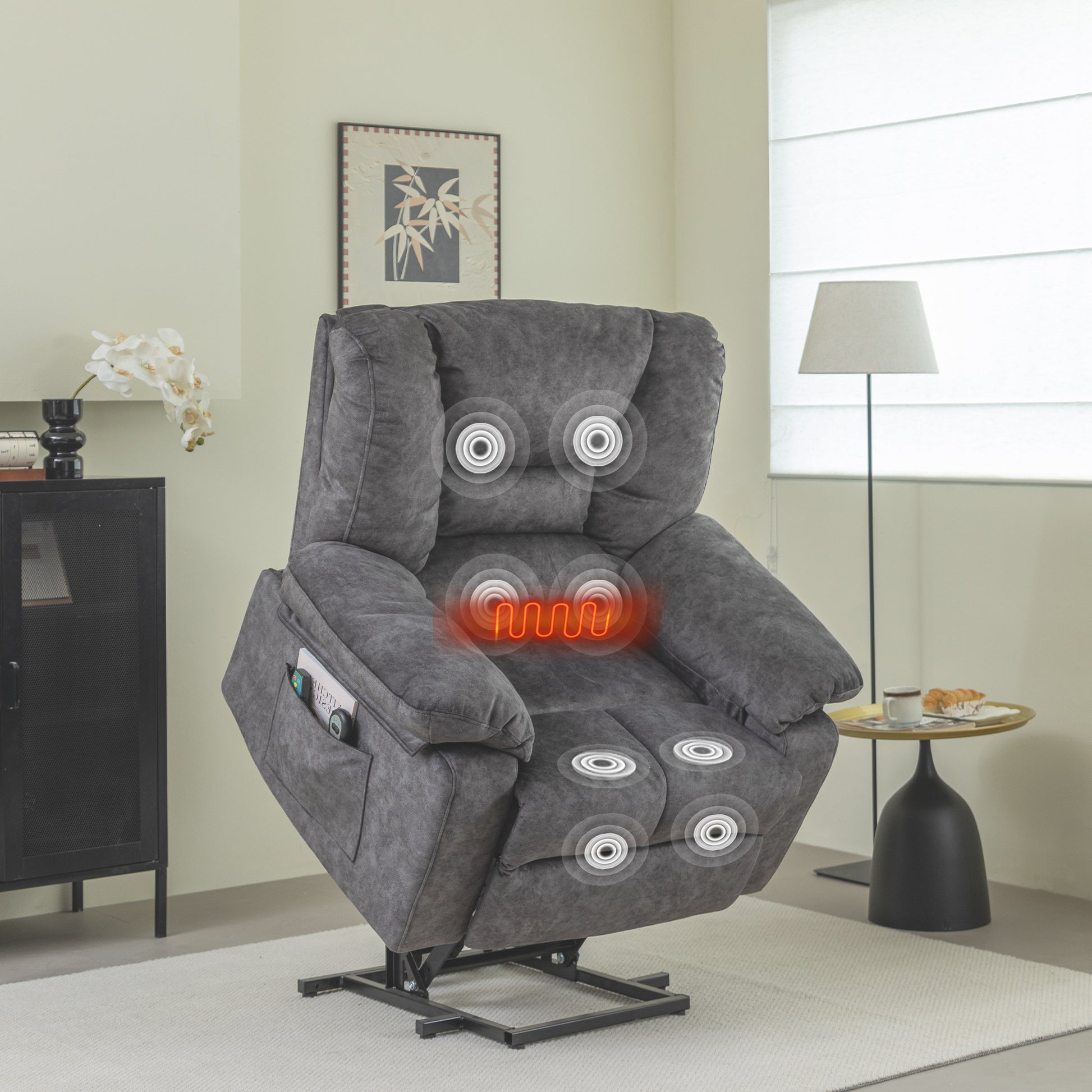 Dark gray fabric recliner chair with massage zones for ultimate relaxation