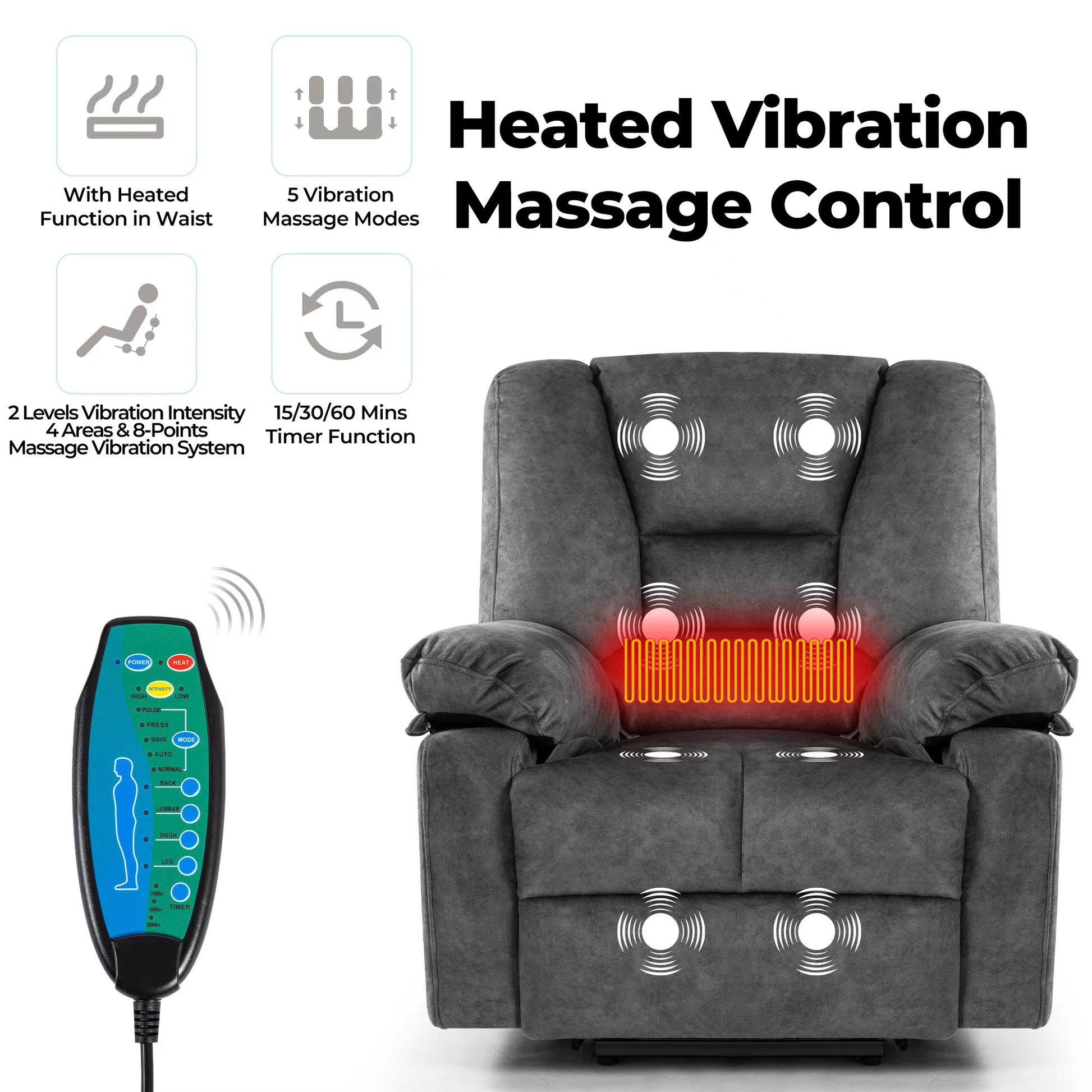 Gray recliner with heated waist function and  vibration modes