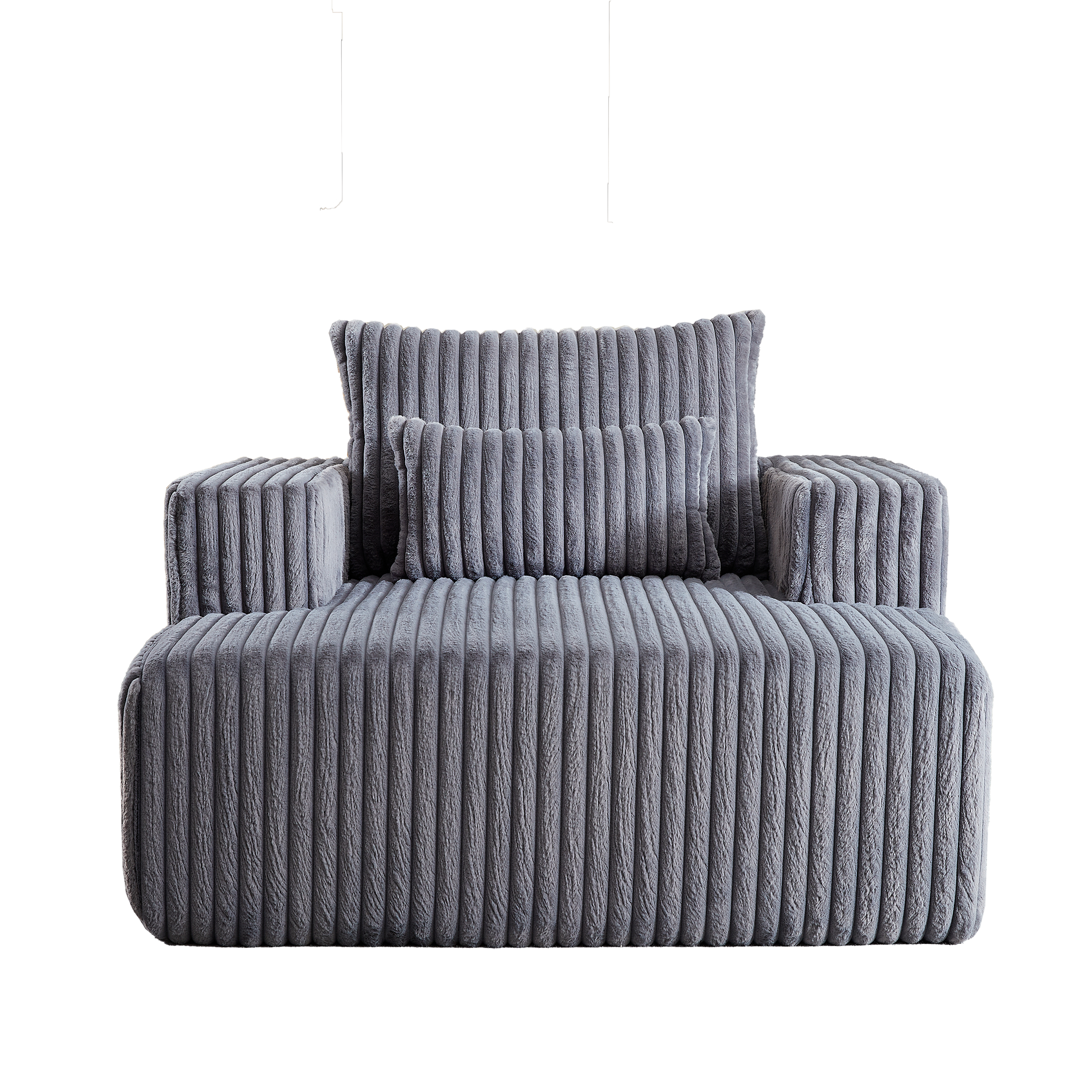 Plush gray corduroy armchair with a relaxed modern design and included lumbar pillow