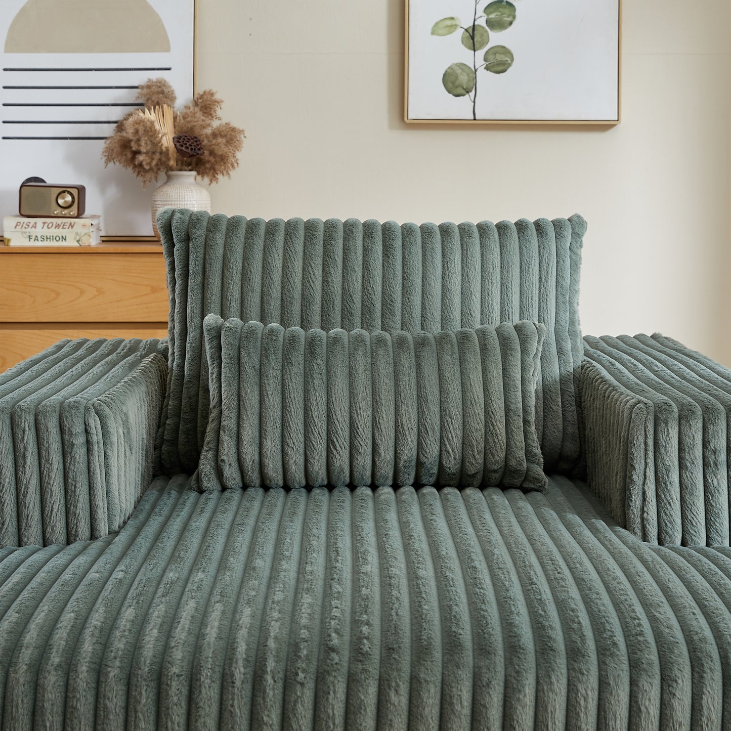 Plush sage green corduroy throw pillow with vertical ribbing