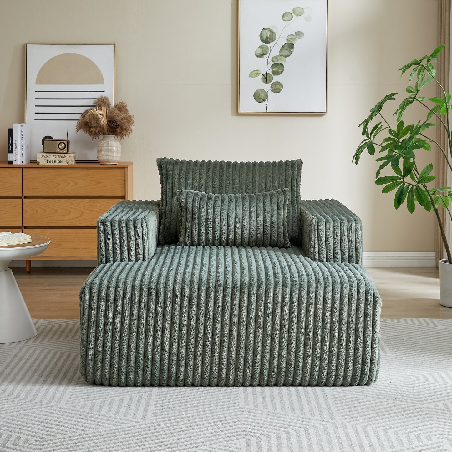 Plush corduroy armchair in sage green featuring deep channel tufting for cozy comfort