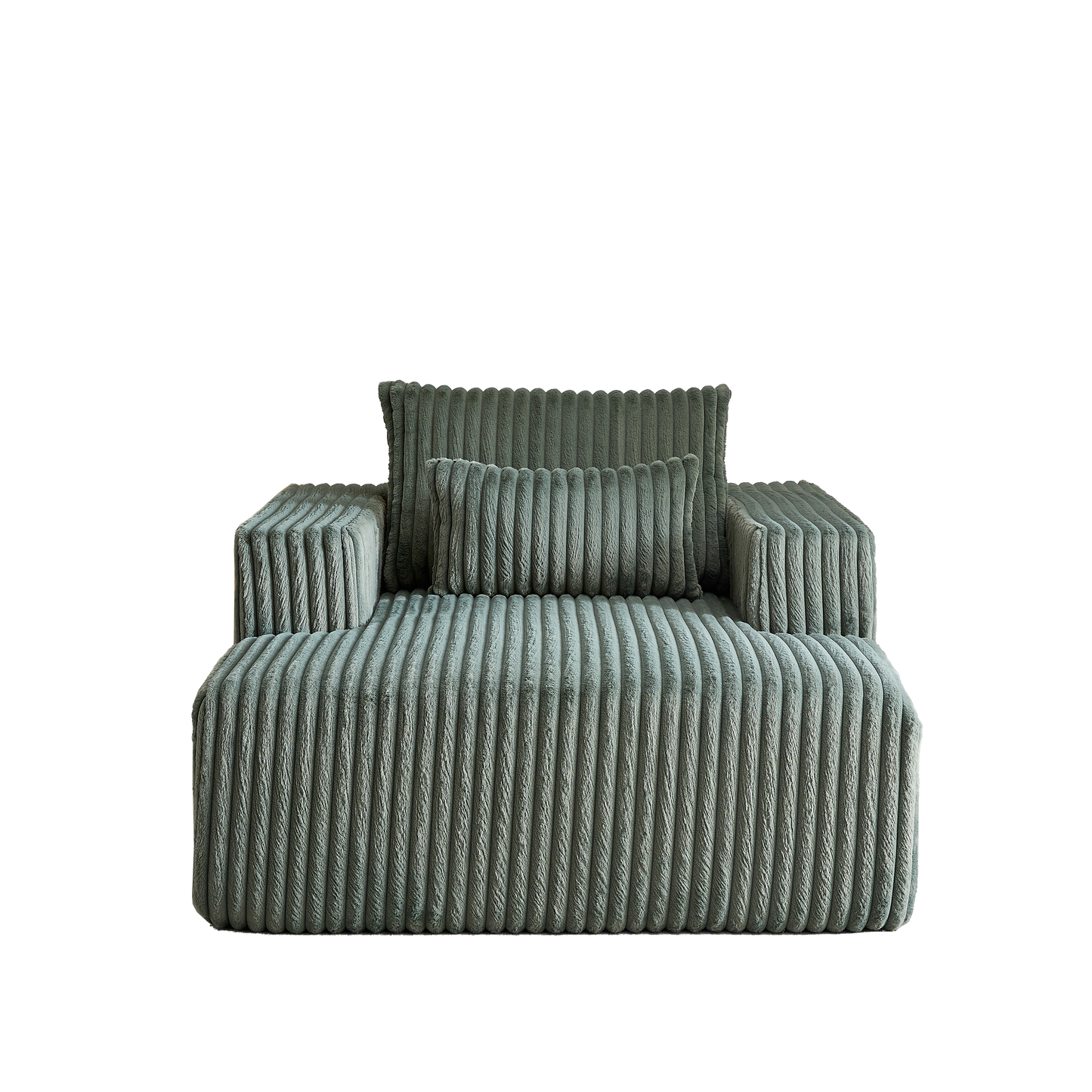 Sage green corduroy armchair with plush texture and matching lumbar pillow