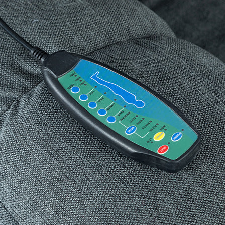 Closeup of a remote control for a massage chair featuring buttons for leg thigh lumbar and back massage settings