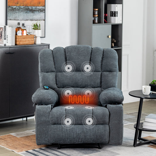 Gray upholstered power recliner chair with integrated massage and heating functions