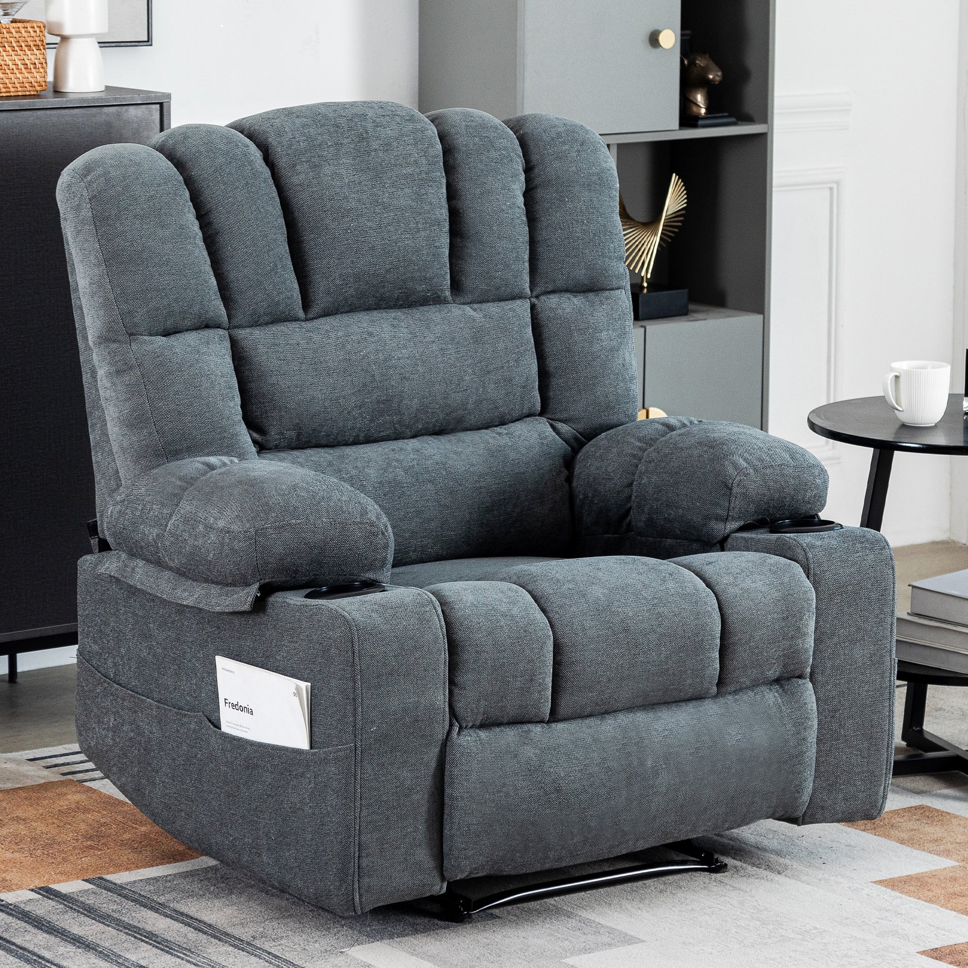 Plush dark grey fabric recliner chair with integrated cup holders and side pocket