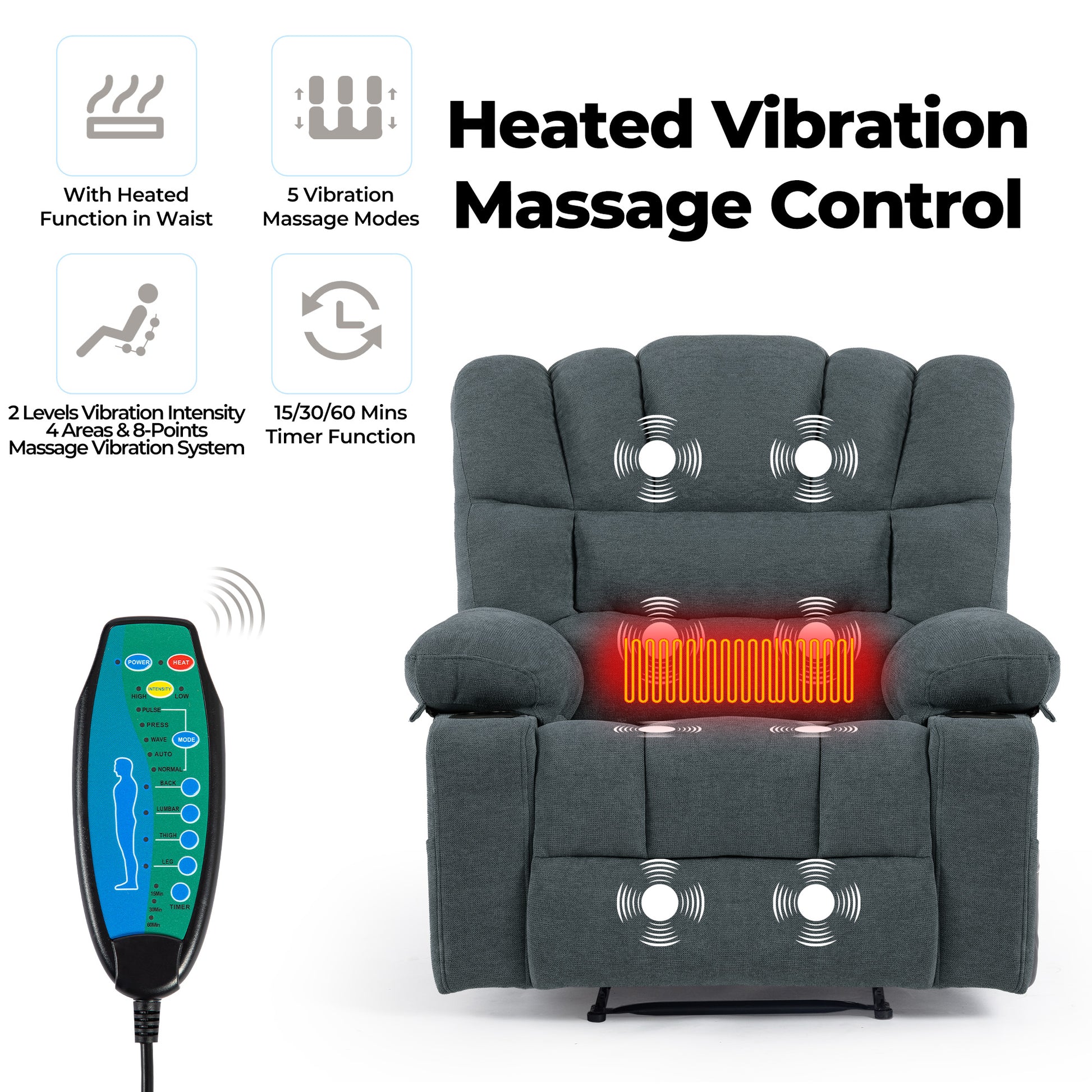 Grey fabric massage recliner with heated waist  vibration modes and remote control