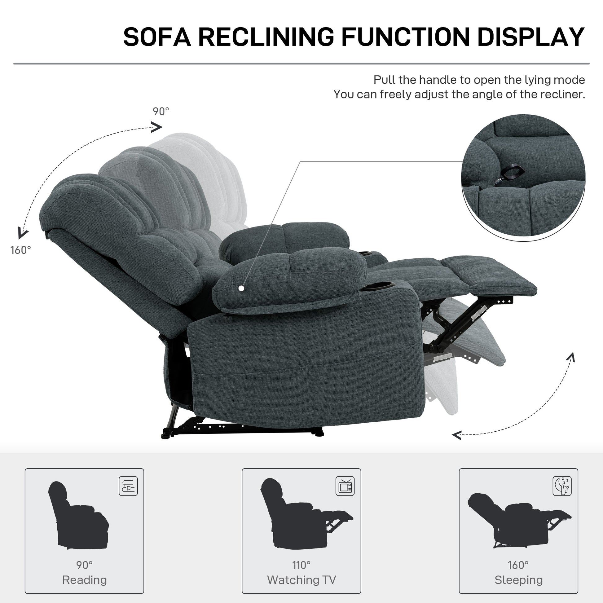 Dark gray fabric recliner chair with adjustable positions for reading watching TV and sleeping