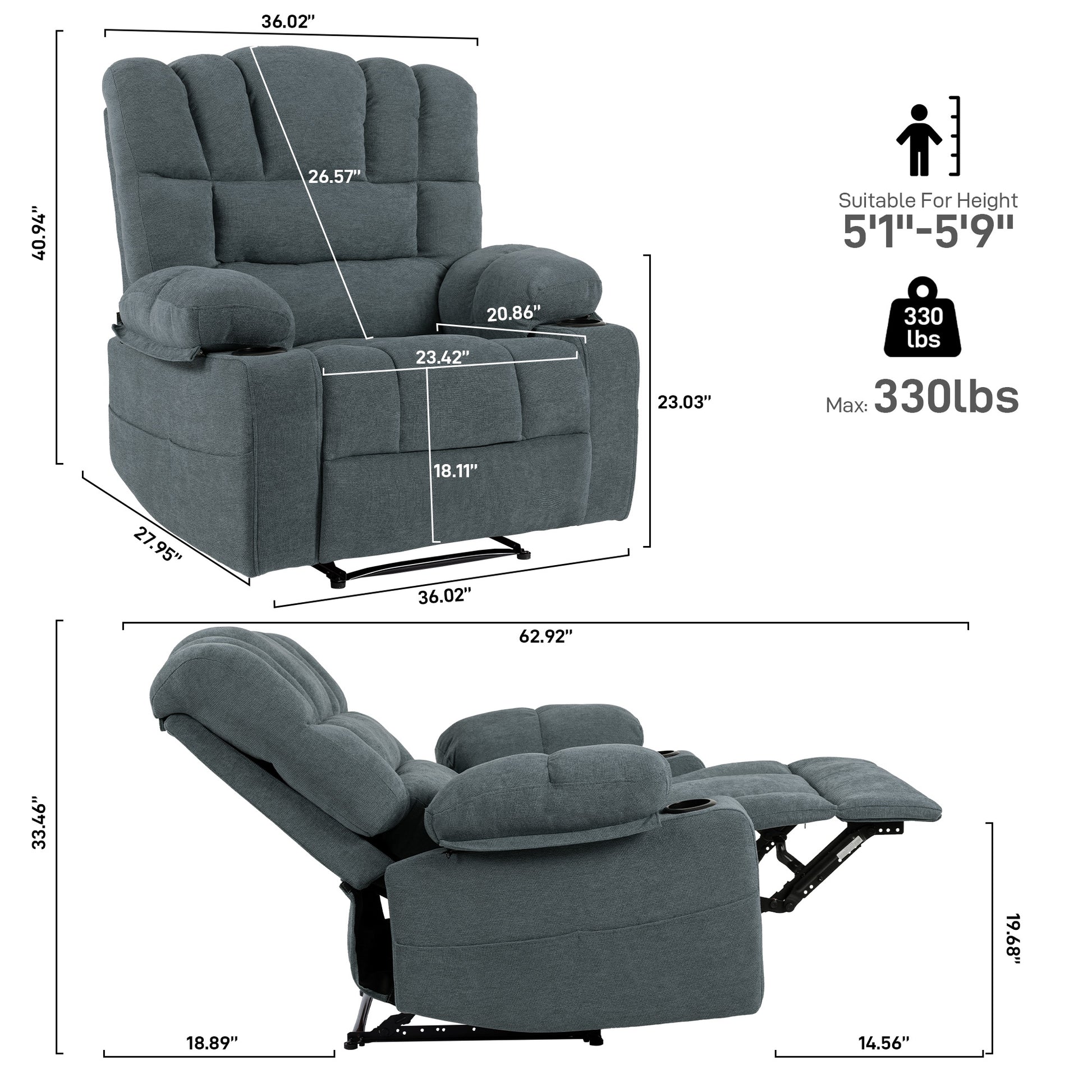 Gray fabric recliner chair with padded headrest lumbar support and cup holders