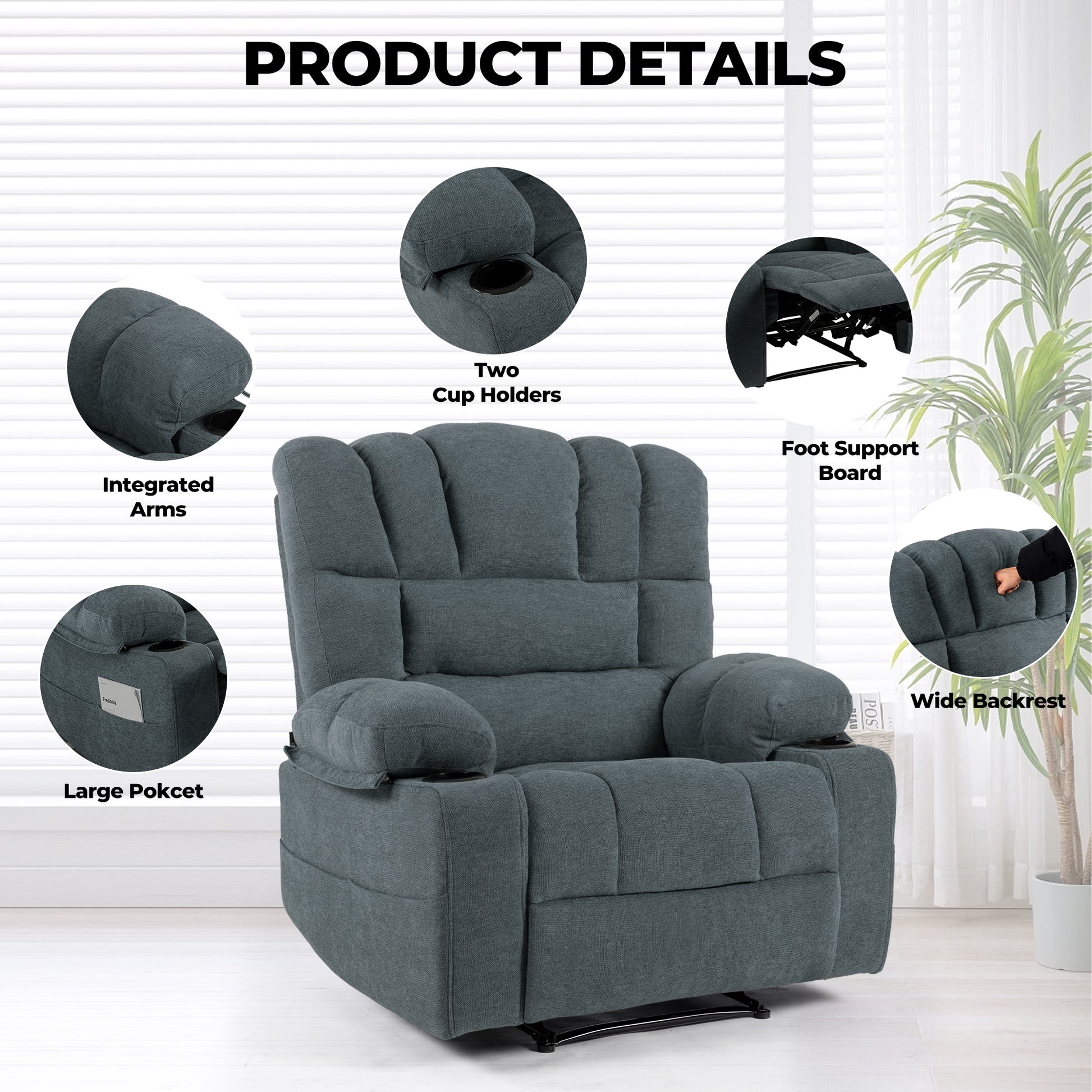 Gray fabric recliner chair with integrated arms and cup holders
