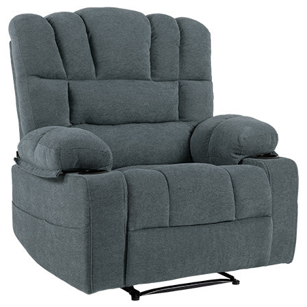 Plush grey fabric recliner chair with padded armrests and lumbar support for ultimate comfort