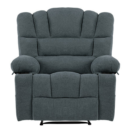 Dark gray upholstered recliner chair with plush segmented backrest and padded armrests for ultimate comfort