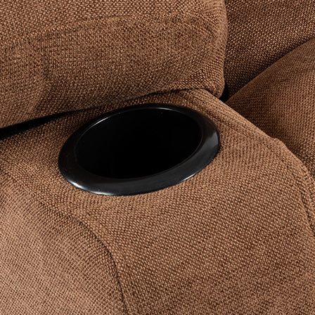 Brown recliner fabric with integrated black cup holder