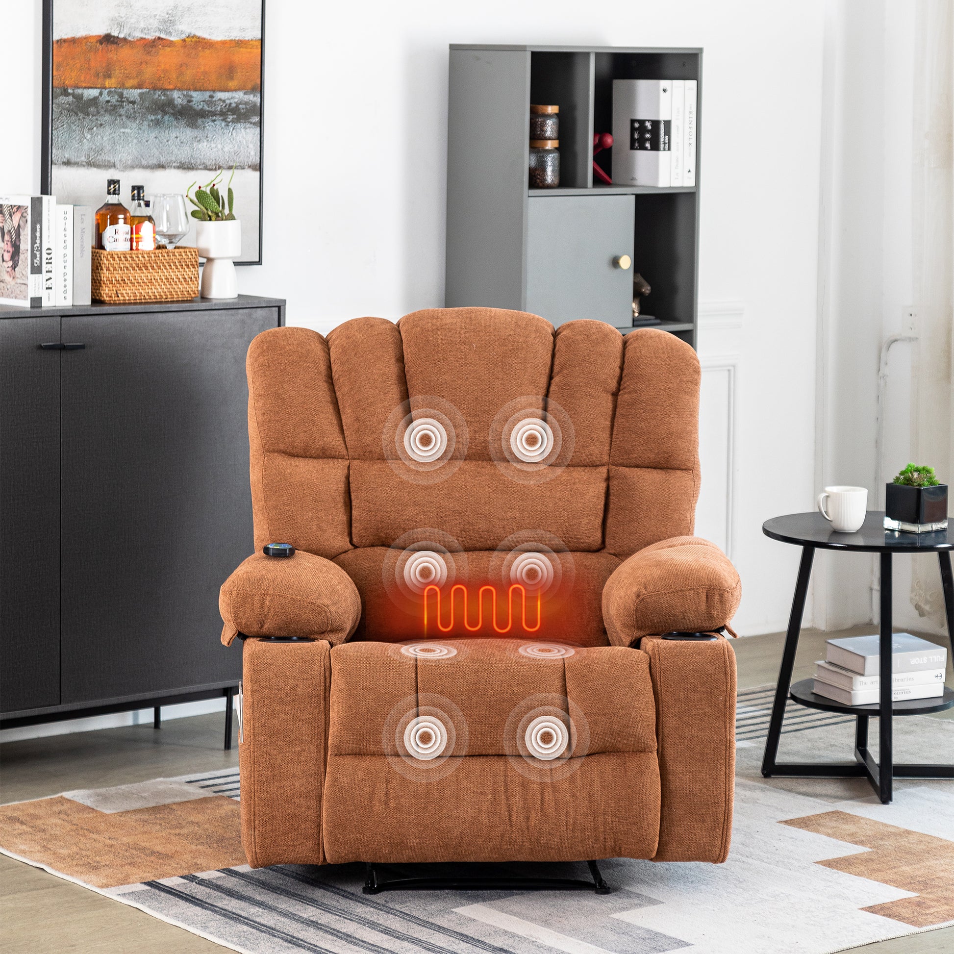 Brown fabric recliner chair with heat and massage features for ultimate relaxation