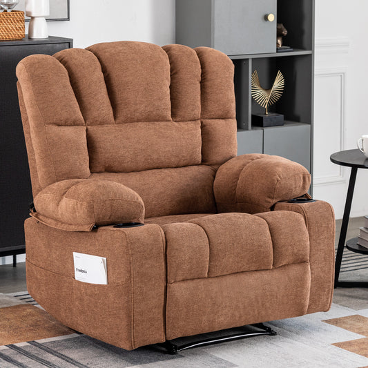 Comfortable brown fabric recliner chair with padded armrests and cup holders