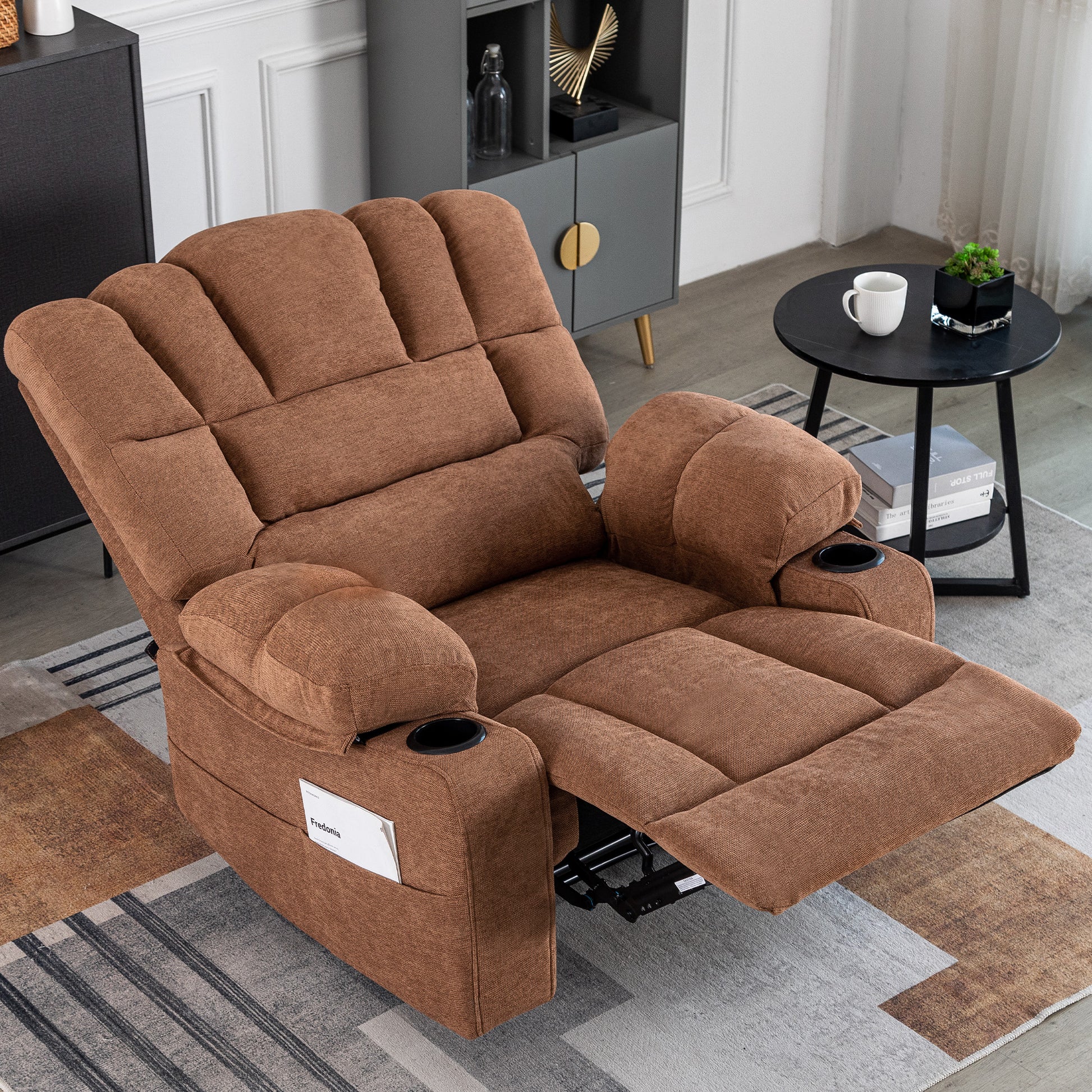 Brown fabric power recliner with builtin cup holders and side pocket