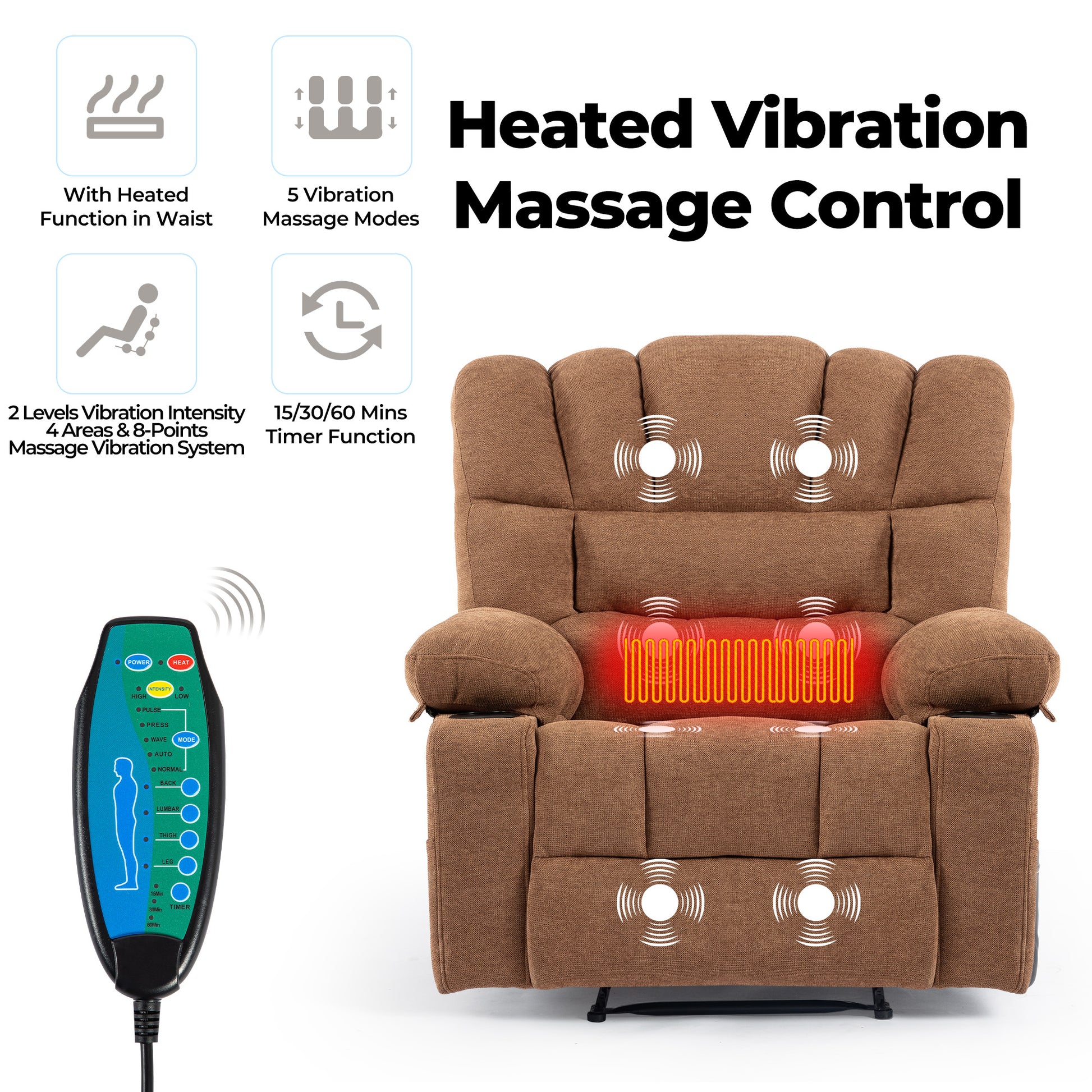 Brown fabric recliner with heated waist massage and  vibration modes for ultimate relaxation
