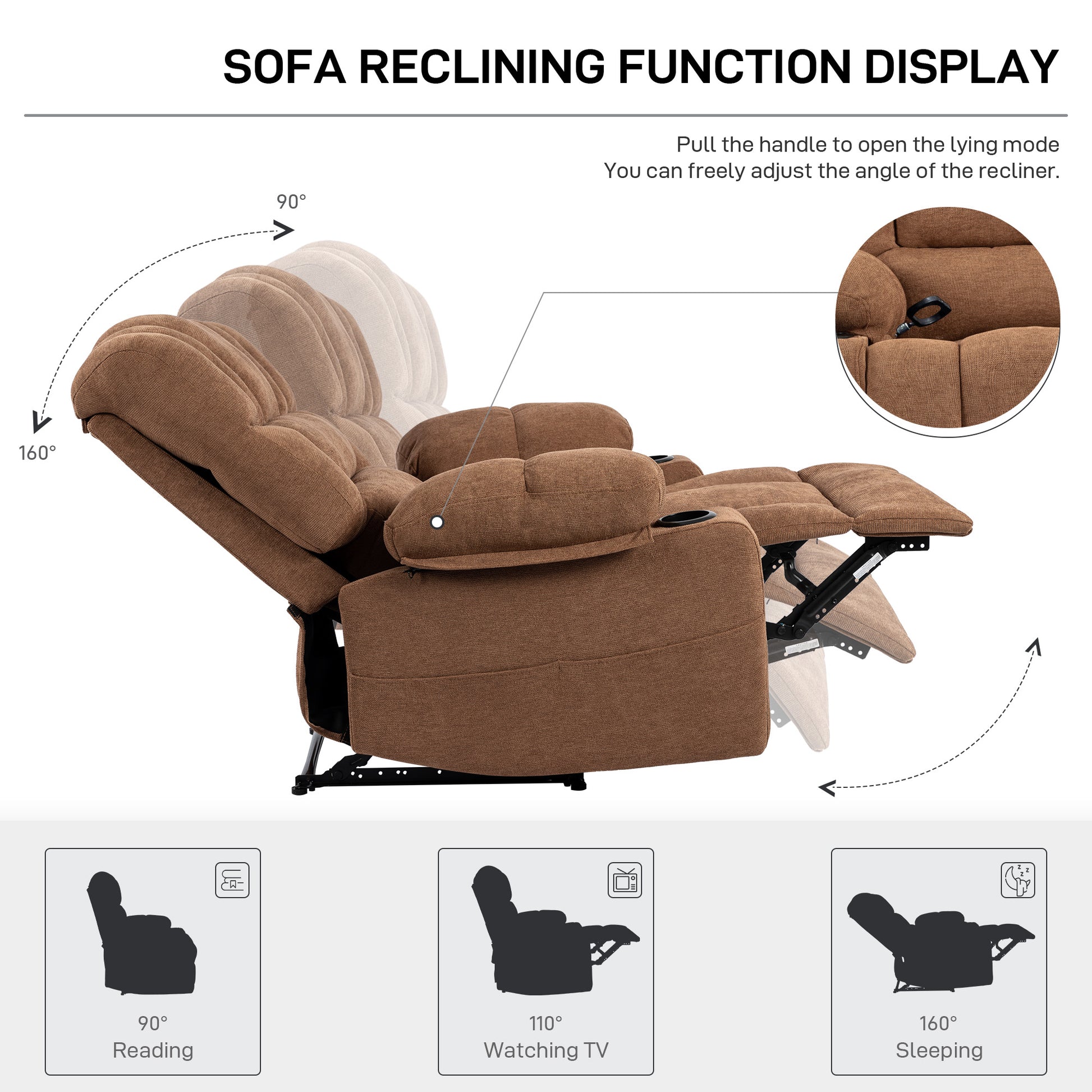 Brown fabric recliner chair with adjustable footrest and headrest in a relaxed position