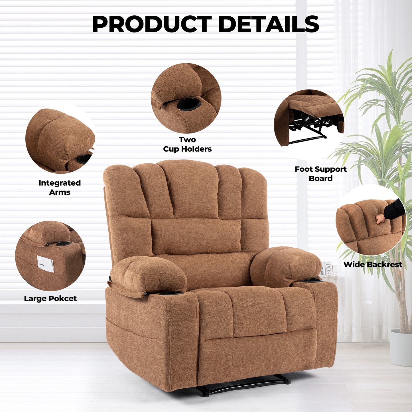 Brown fabric recliner chair with integrated armrest cup holder