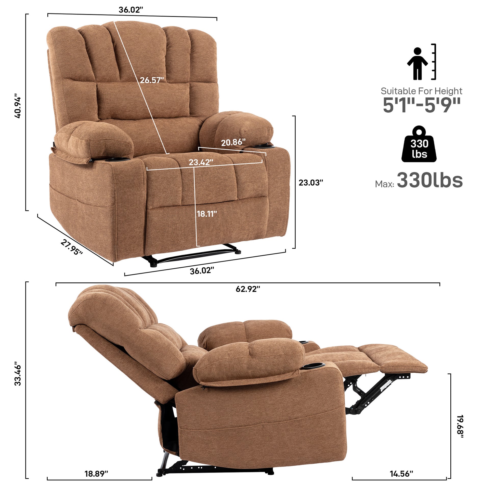 Brown fabric recliner chair with cup holders perfect for home theater relaxation