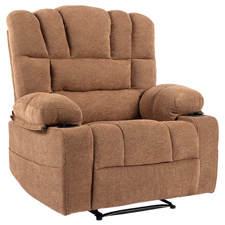 Plush brown fabric power recliner with padded arms and cup holders for ultimate comfort