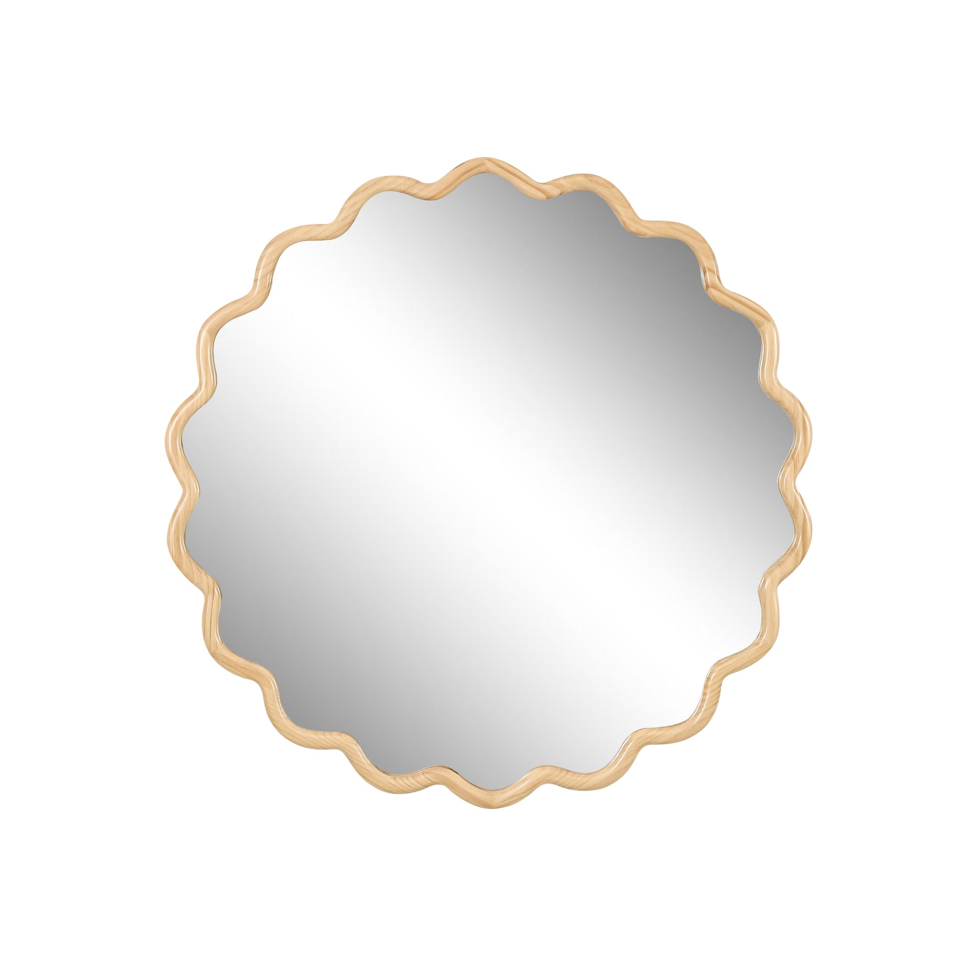 Round wooden scalloped mirror with a natural wood finish perfect for entryway decor