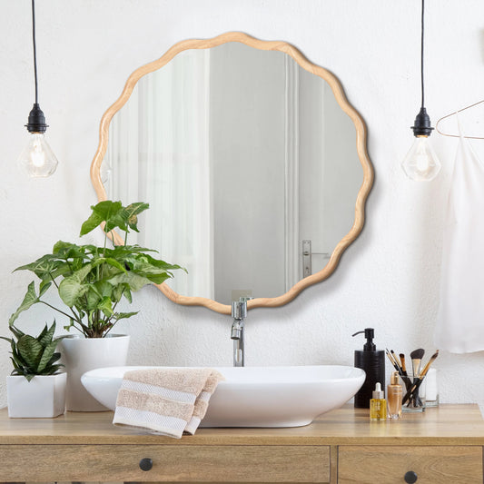Organic wavy wooden frame mirror bathroom vanity essential with minimalist design