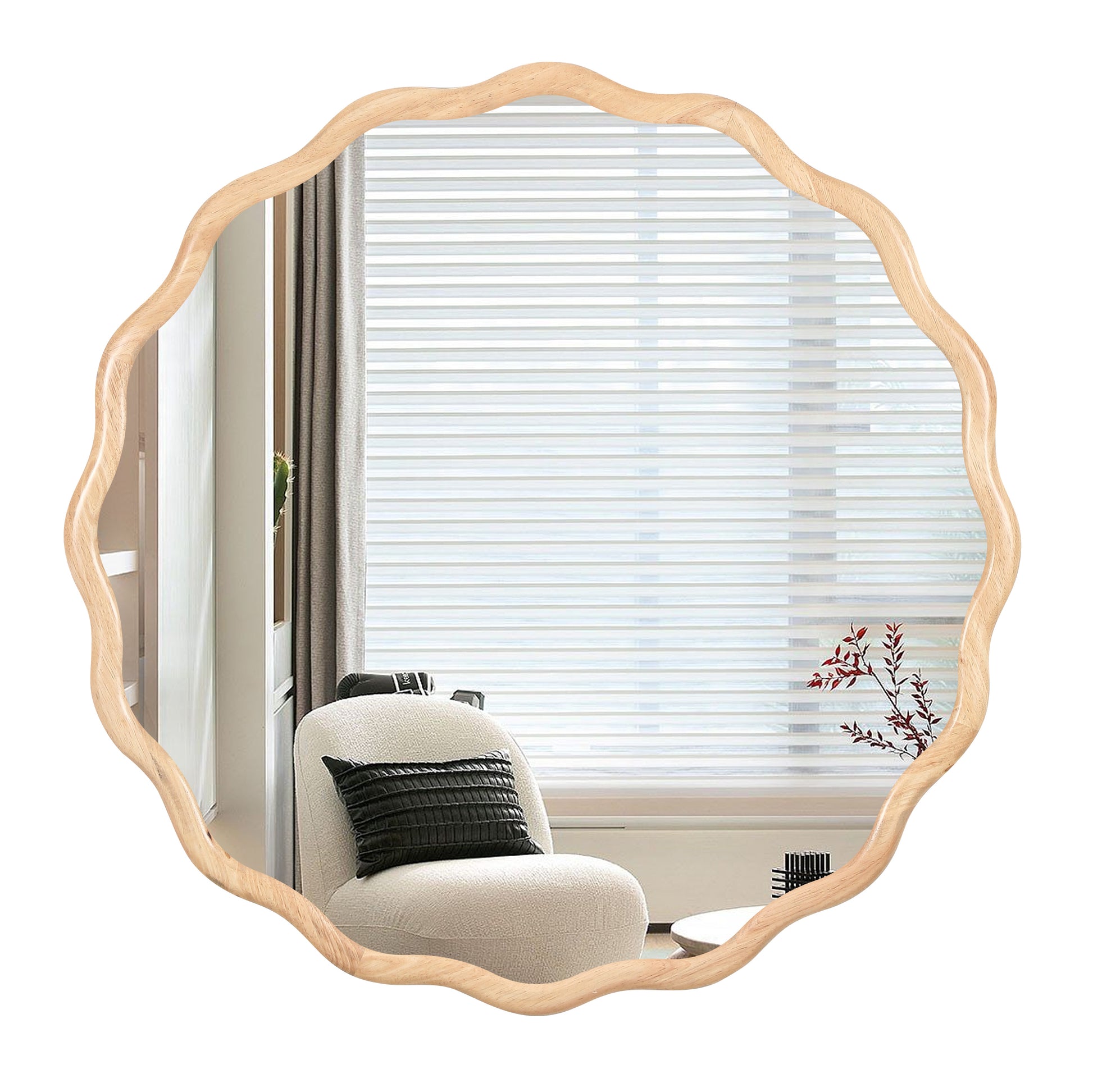 Irregular wooden framed mirror with a natural finish perfect for a bohochic bedroom accent