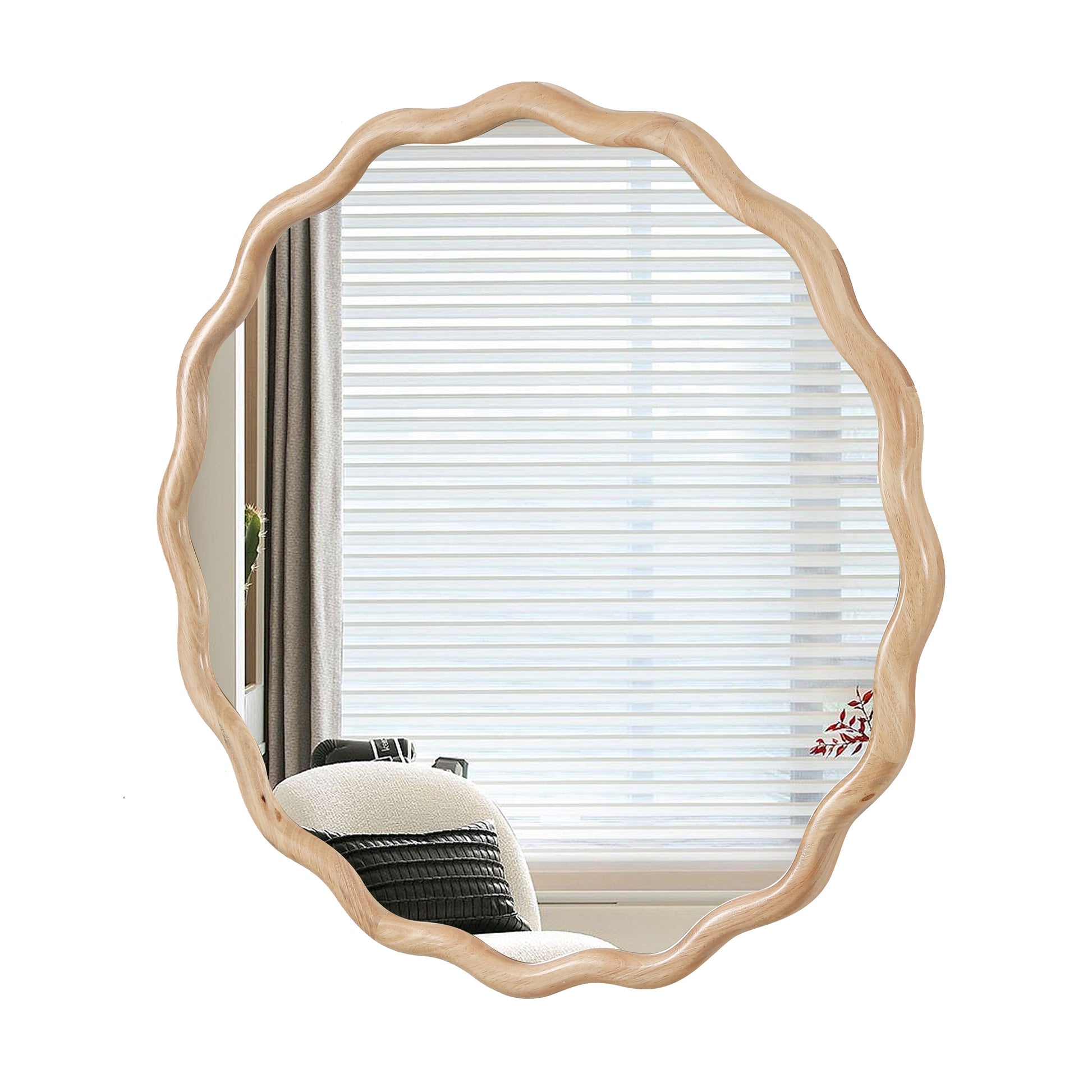 Organic shape wooden framed mirror with textured pillow in reflection