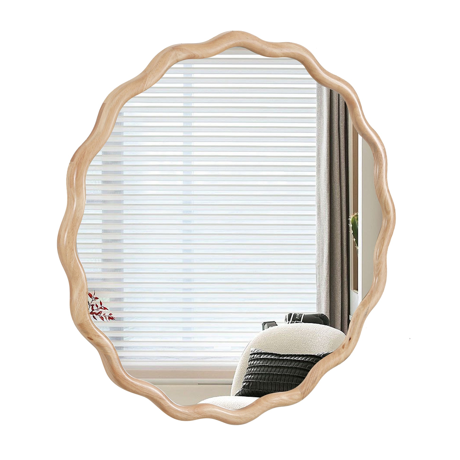 Wavy natural wood framed mirror with a minimalist design and delicate floral accent