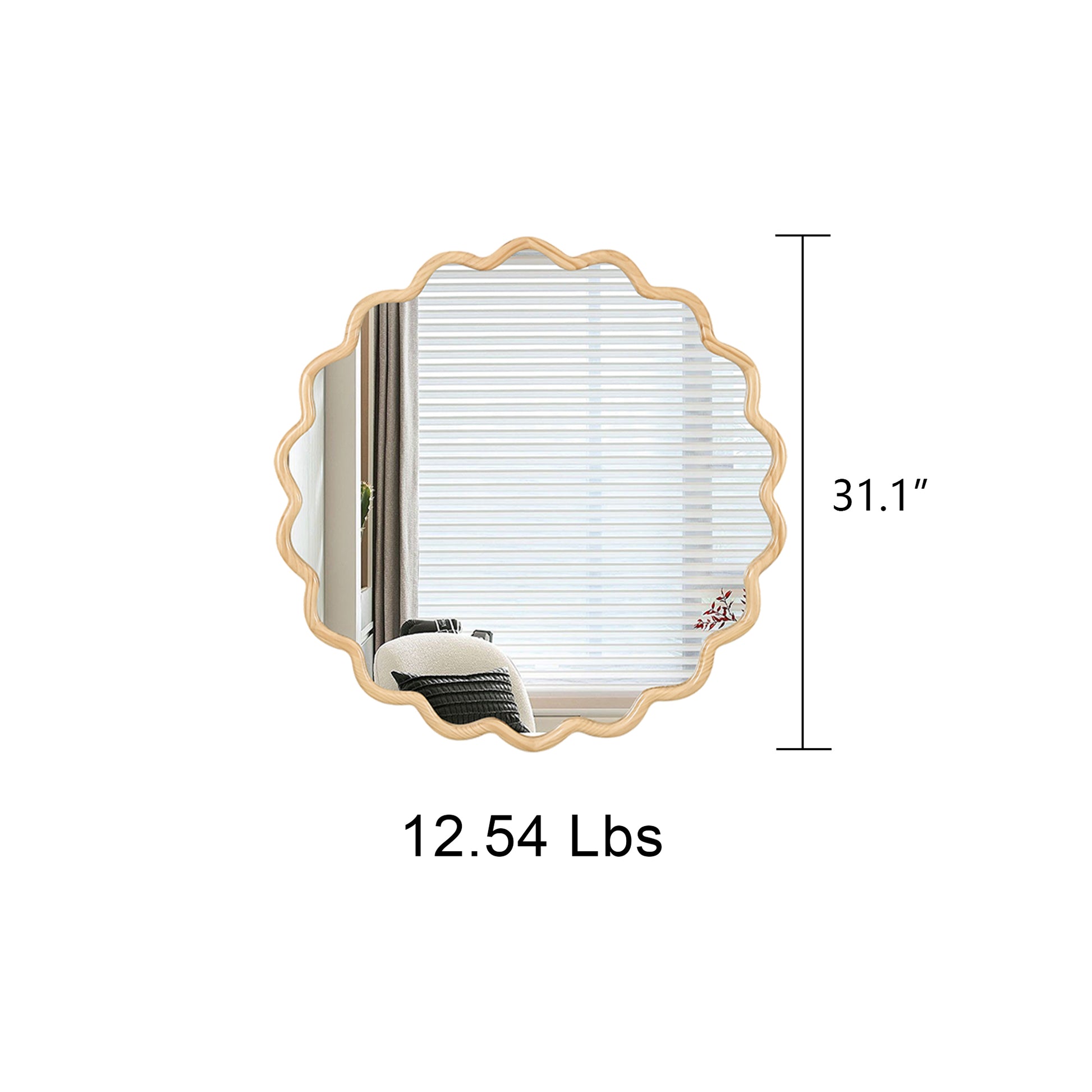 Scalloped wooden frame wall mirror with a natural finish  inches tall