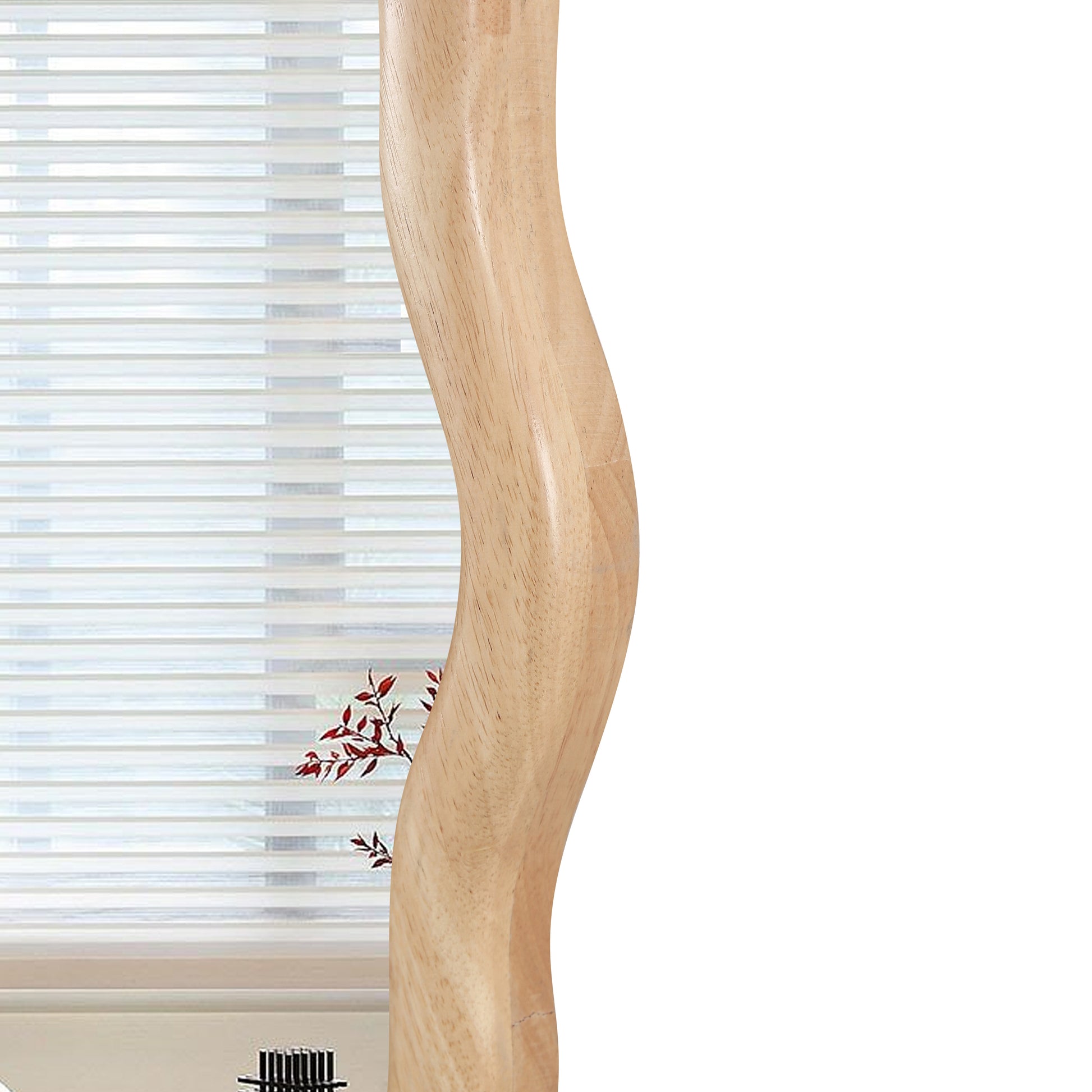 Closeup of a light woodgrain curved leg on a blind with red floral accents