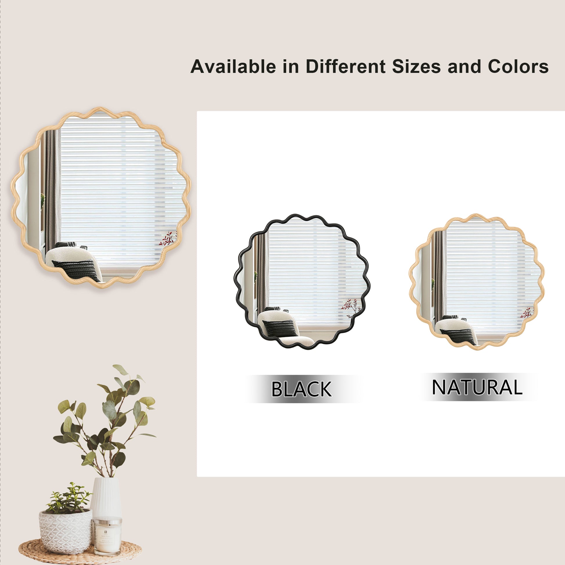Wavyedged decorative mirror with natural wood frame