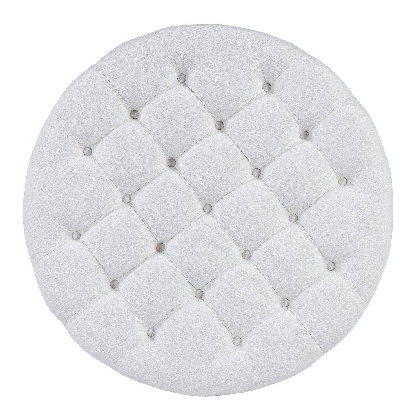 Round white tufted ottoman with diamond pattern upholstery and silver nailhead trim