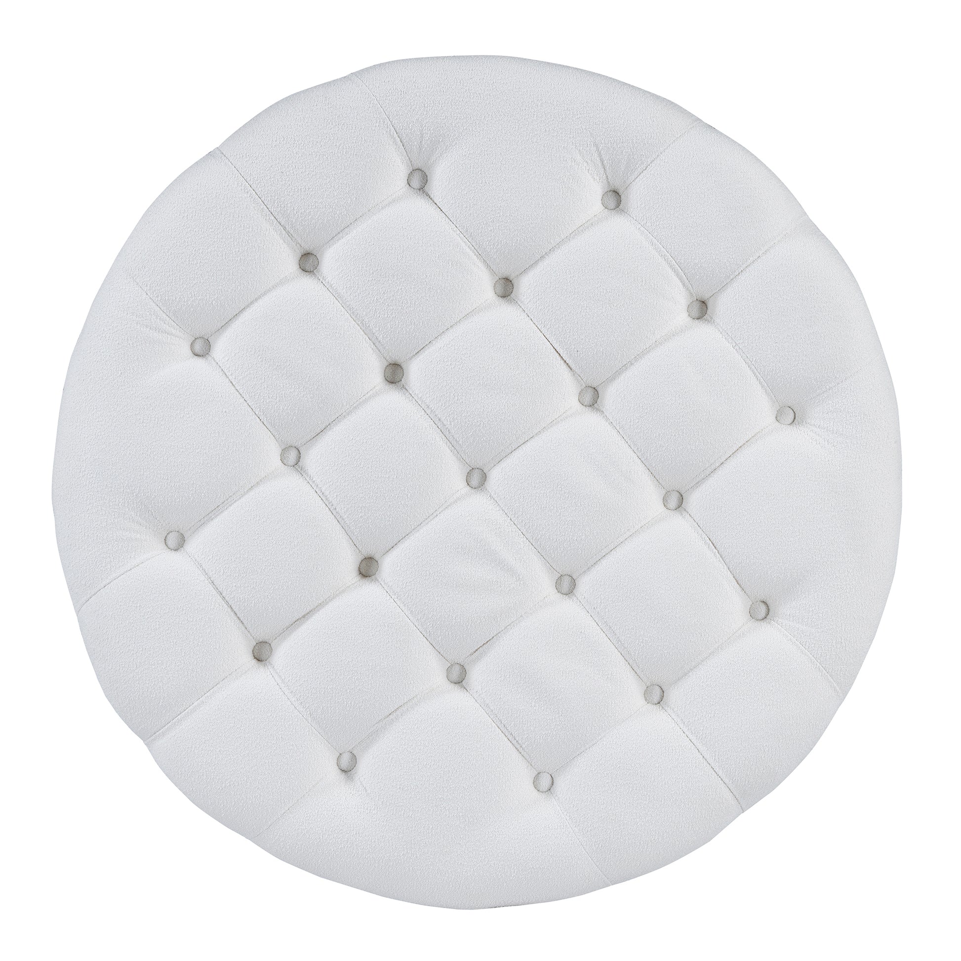 Round white tufted ottoman with diamond pattern upholstery and silver nailhead trim