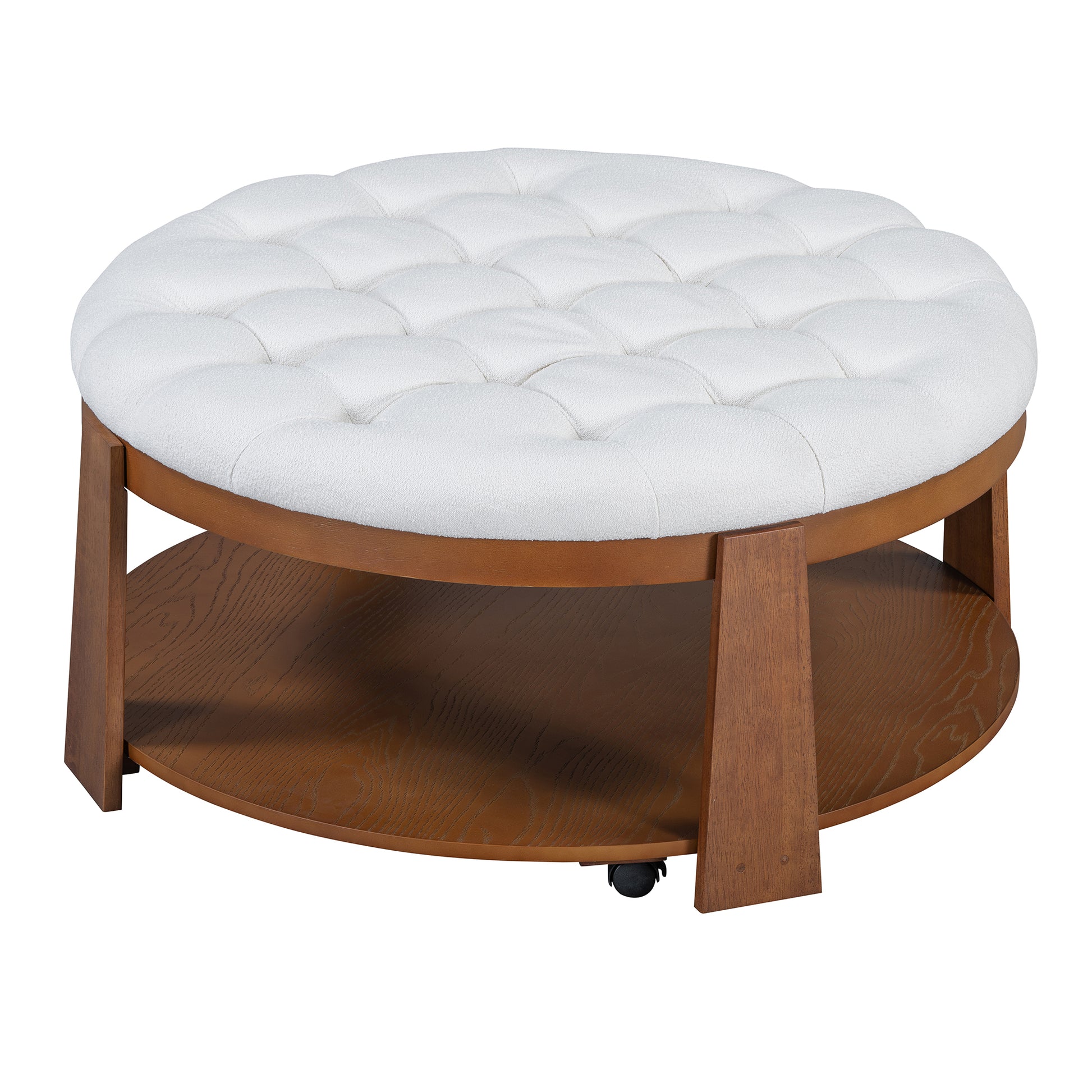Round white tufted upholstered ottoman with a wooden base and bottom shelf for coffee tables