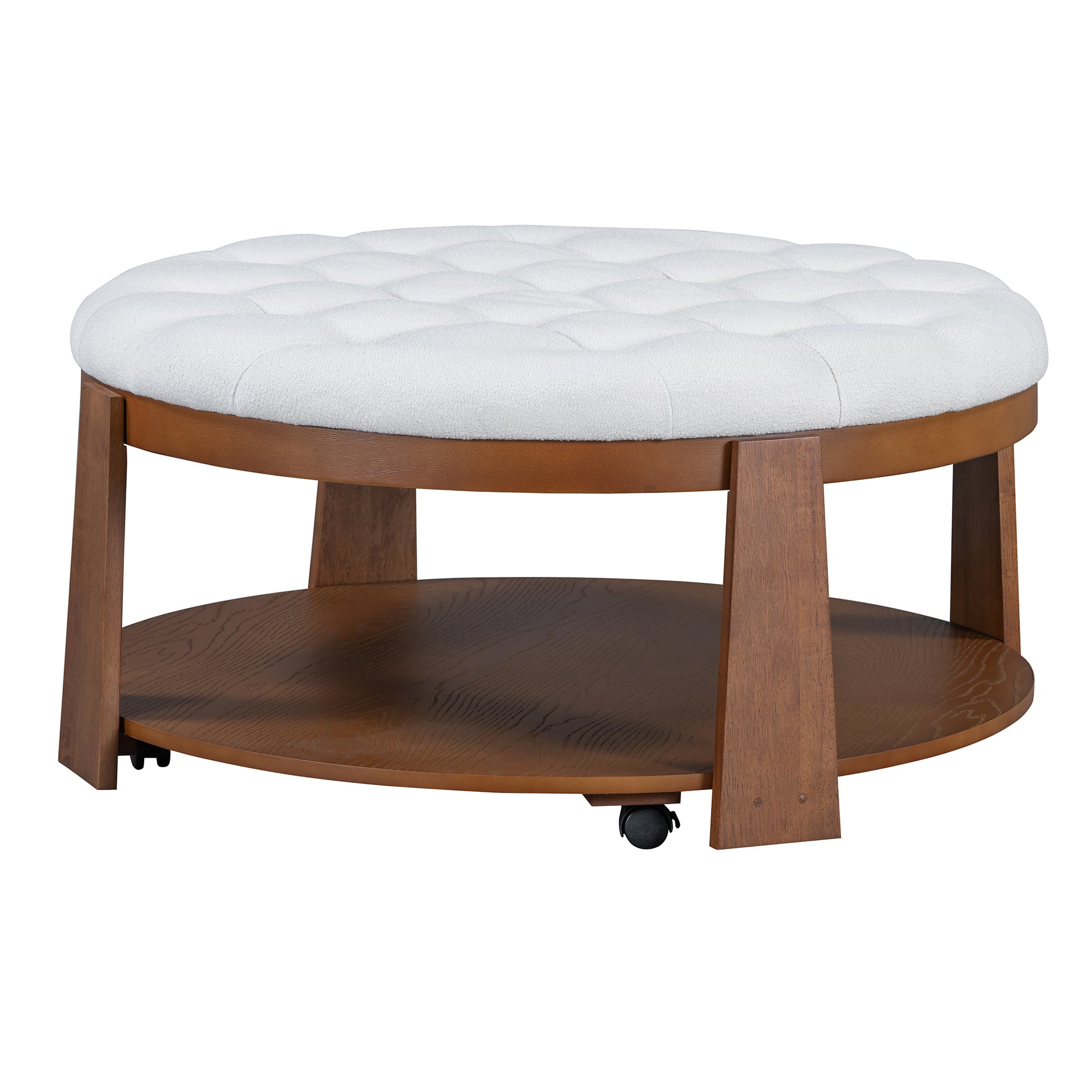 Tufted white fabric ottoman with duallevel walnut wood frame and casters for easy mobility