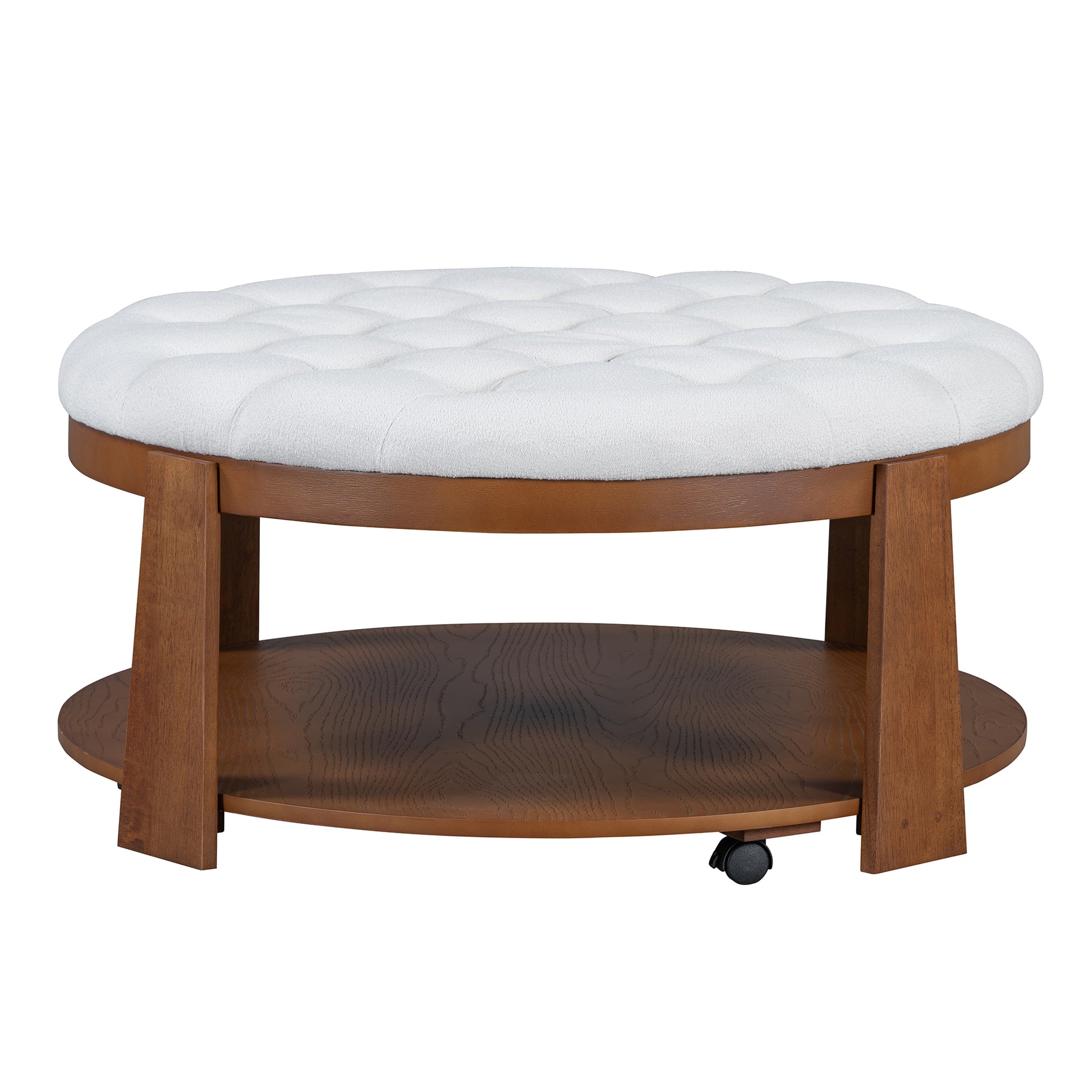 Tufted white fabric round ottoman with a wood frame and two tiers perfect for living rooms