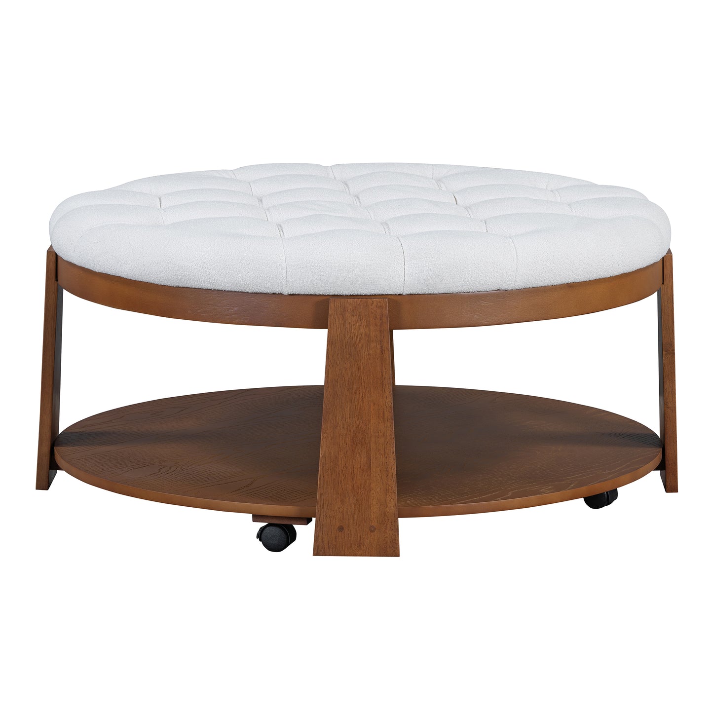 Tufted white boucl fabric ottoman with a duallevel walnut wood frame and casters